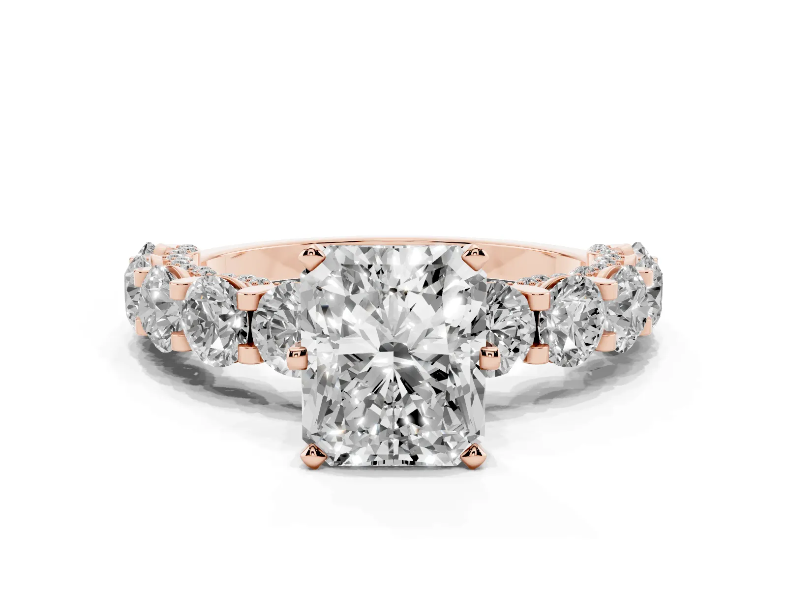 Radiant Cut Diamond Side Stone Engagement Ring with Four-Prong Setting Rose gold