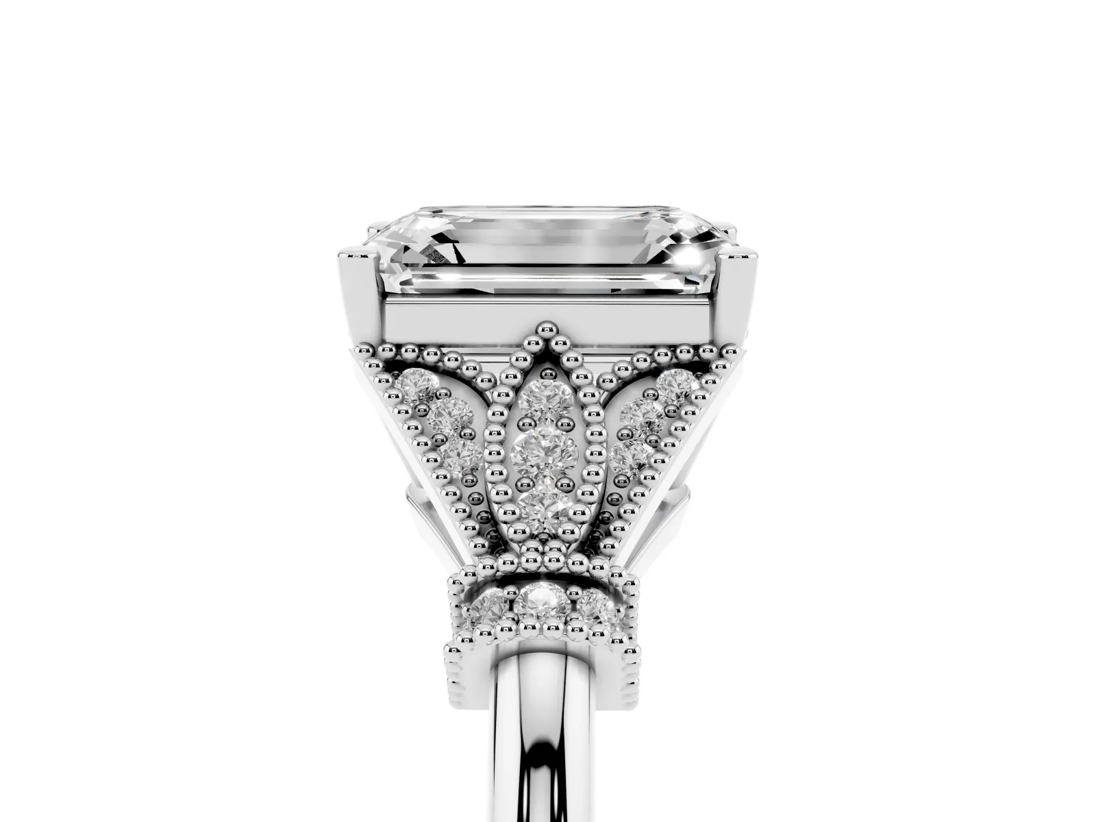 Emerald Cut Diamond Solitaire Ring with Floral Filigree and Pave Accents Platinum
