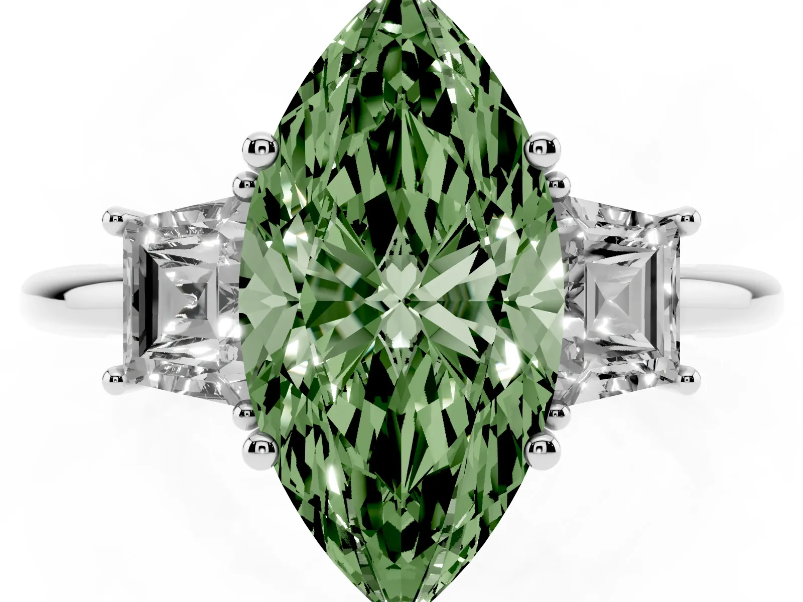 Fancy Green Marquise Cut Diamond Three-Stone Ring with Trapezoid Side Stones and Prong Setting Platinum