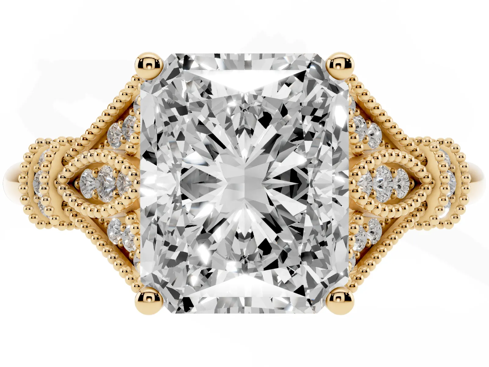 Radiant Cut Diamond Solitaire Ring with Floral Filigree and Pave Accents Yellow gold