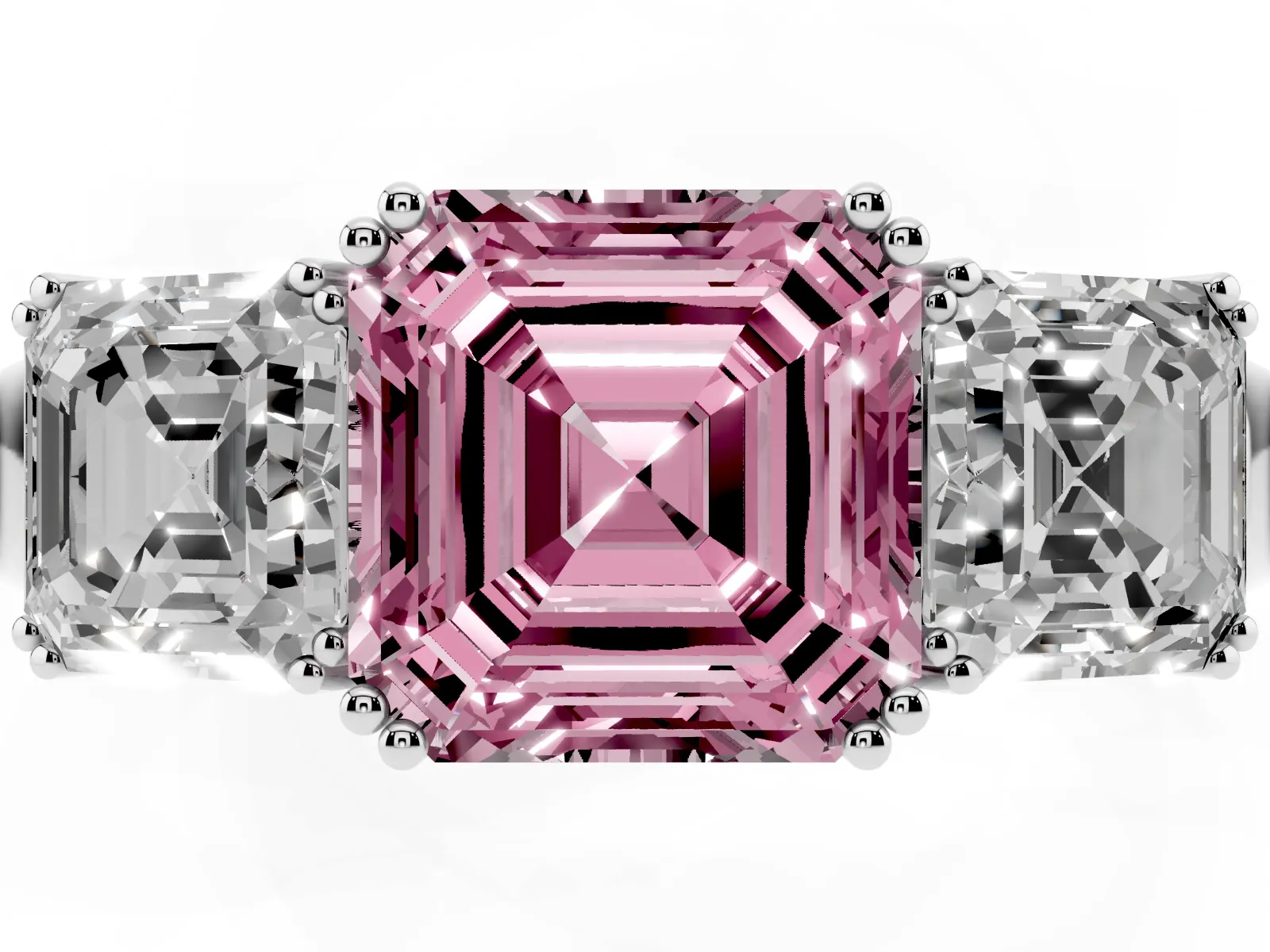 Fancy Pink Three-Stone Asscher Cut Cut Diamond Ring with Channel Set Band and Four-Prong Setting White gold