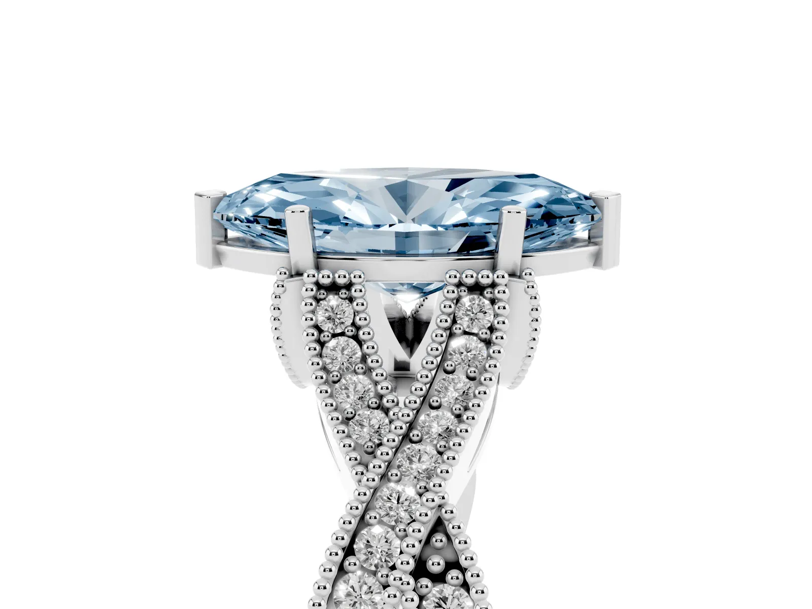 Fancy Blue Marquise Cut Cut Diamond Twisted Band with Milgrain Pave Setting and Four-Prong Setting Platinum