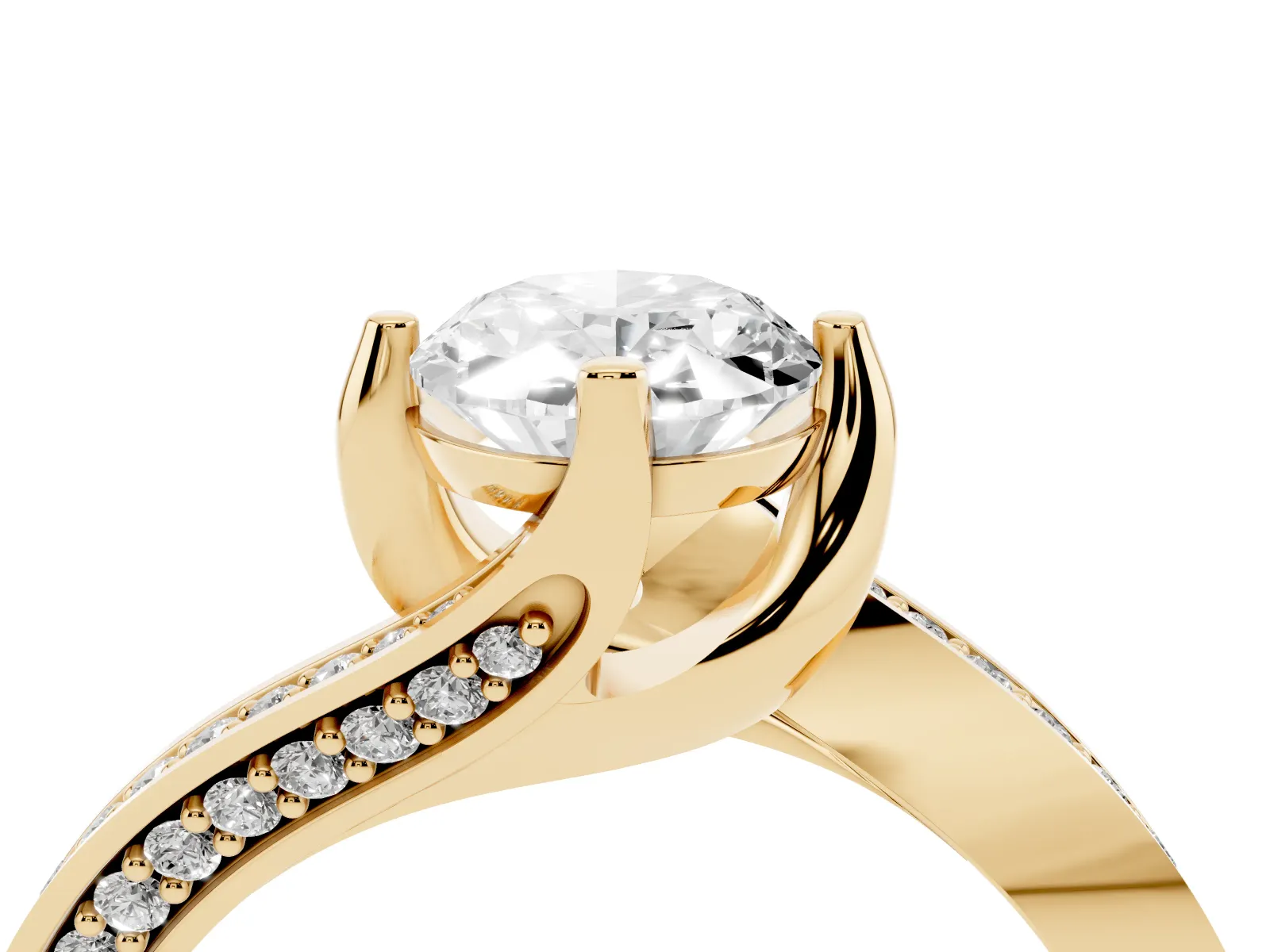 Oval Cut Solitaire Diamond Twist Band with Pavé Setting and Four-Prong Setting Yellow gold