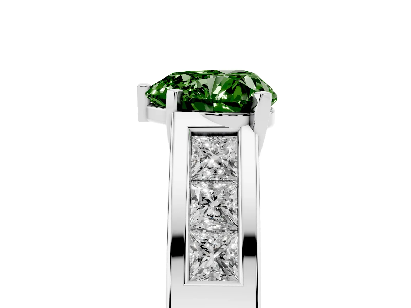 Fancy Green Heart Cut Cut Channel Set Solitaire Ring with Four-Prong Setting White gold