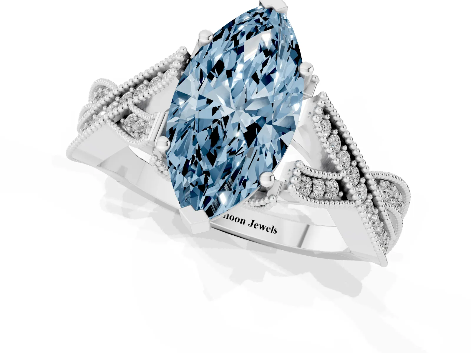 Fancy Blue Marquise Cut Cut Diamond Twisted Band with Milgrain Pave Setting and Four-Prong Setting Platinum
