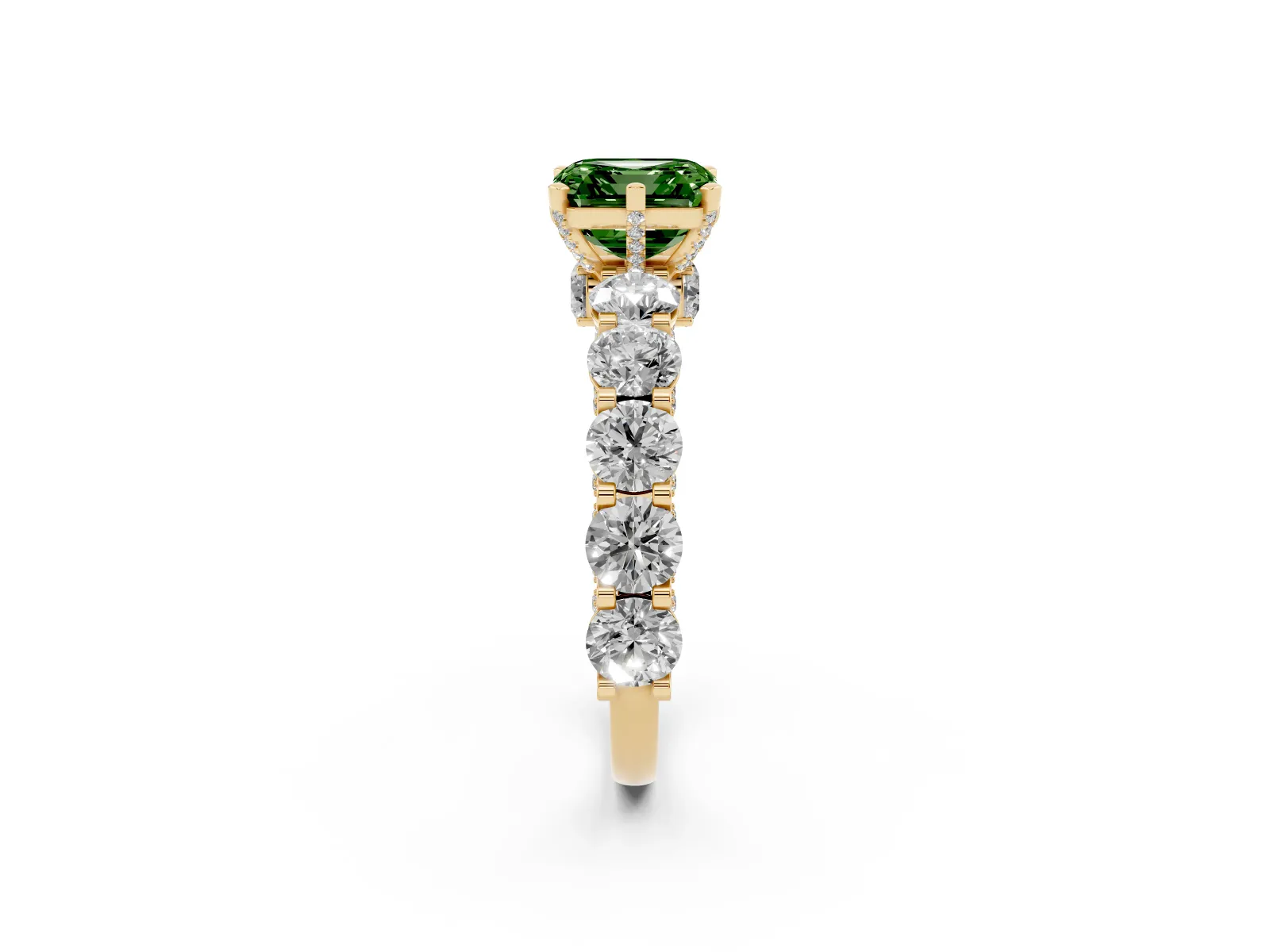 Fancy Green Asscher Cut Diamond Side Stone Engagement Ring with Four-Prong Setting Yellow gold