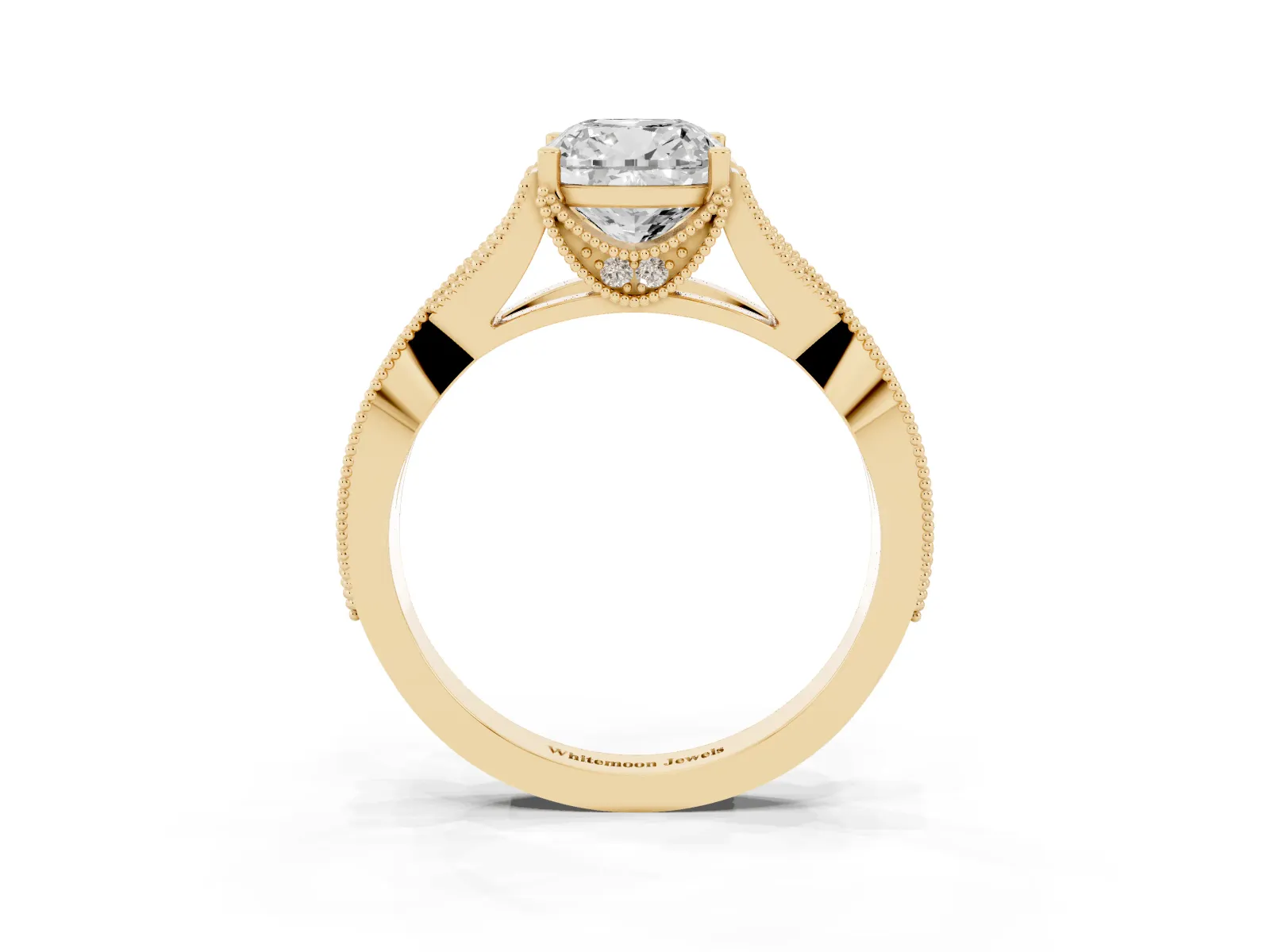 Cushion Cut Cut Diamond Twisted Band with Milgrain Pave Setting and Four-Prong Setting Yellow gold