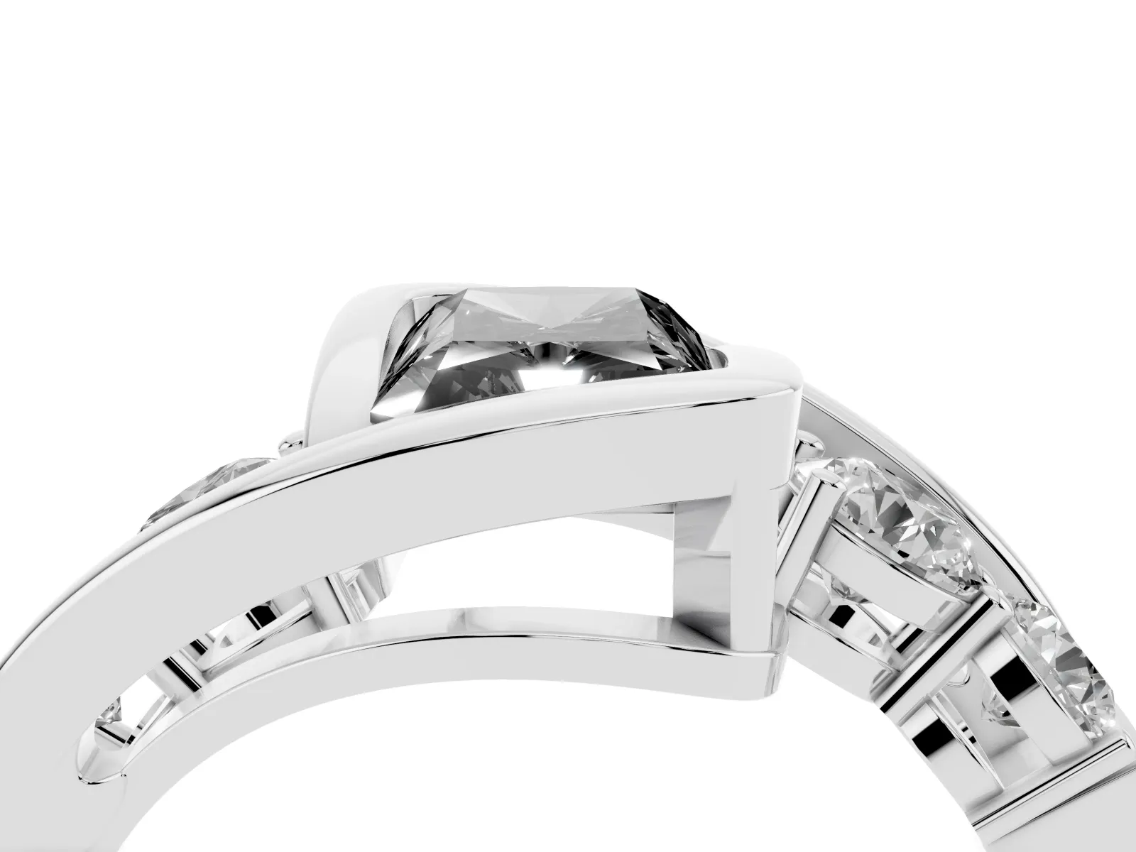 Fancy Black Bezel Set Radiant Cut Diamond Bypass Ring with Round Accents White gold