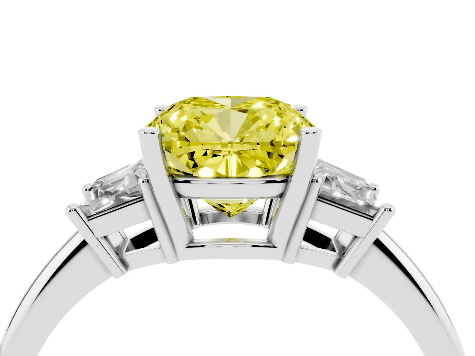 Fancy Yellow Cushion Cut Diamond Three-Stone Ring with Trapezoid Side Stones and Prong Setting Platinum