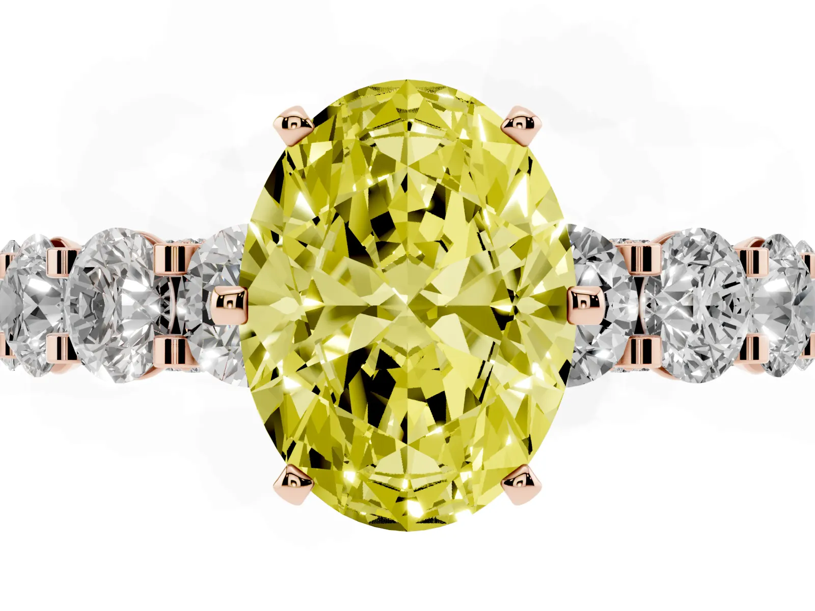 Fancy Yellow Oval Cut Diamond Side Stone Engagement Ring with Four-Prong Setting Rose gold