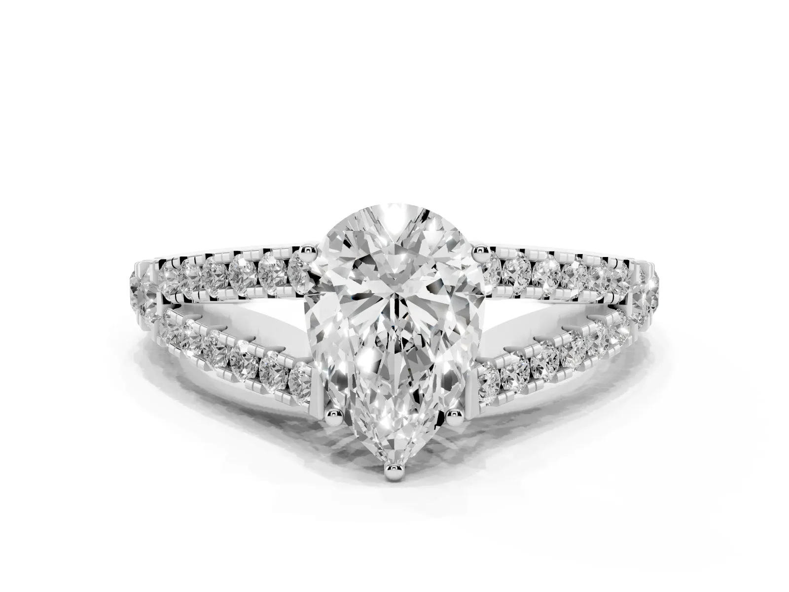 Pear Cut Diamond Split Shank Engagement Ring with Round Pavé and Prong Setting White gold