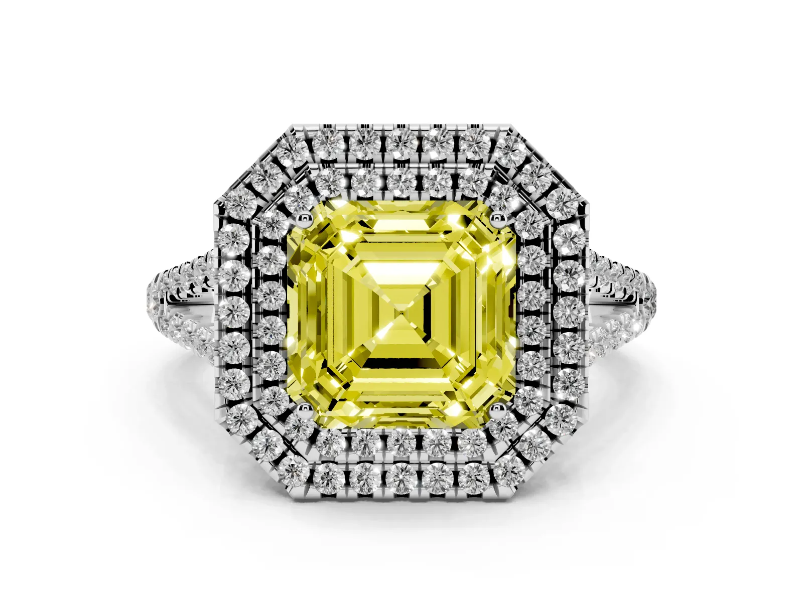 Fancy Yellow Asscher Cut Diamond Double Halo Ring with Pavé Band and Prong Setting Platinum