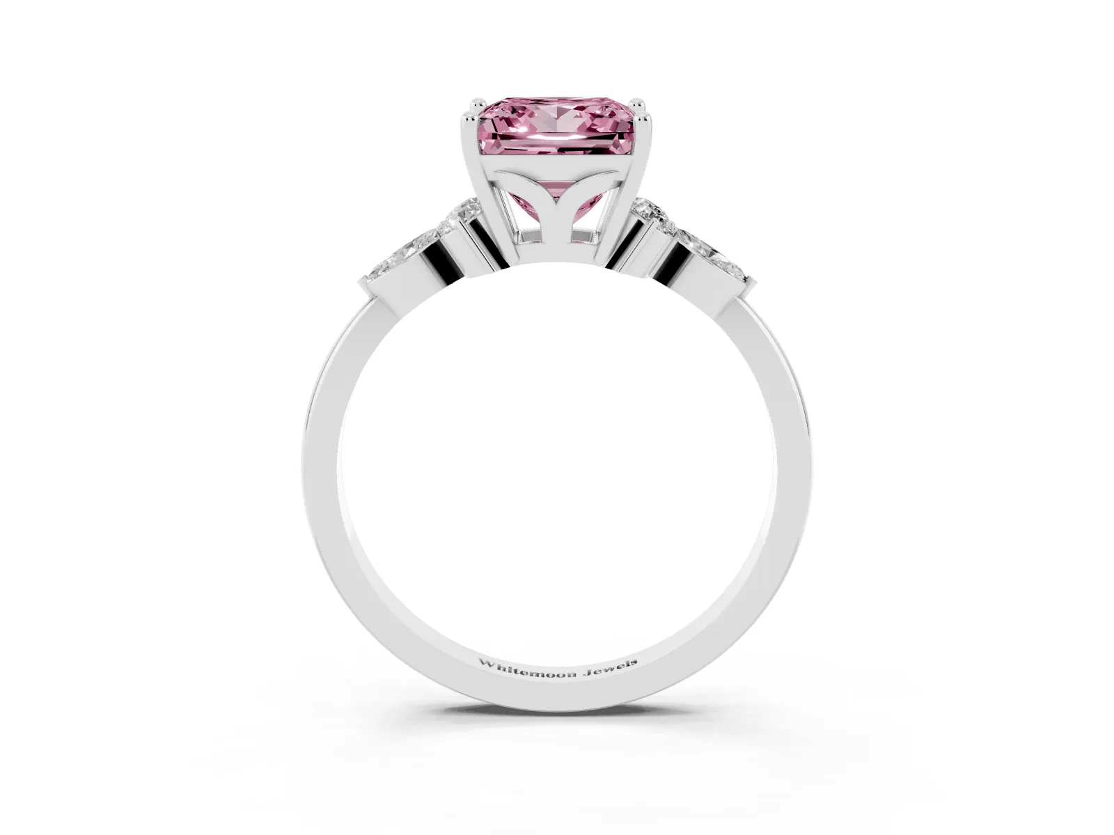Fancy Pink Princess Cut Brilliant Diamond Solitaire Ring with Pear Side Stones and Four-Prong Setting Platinum