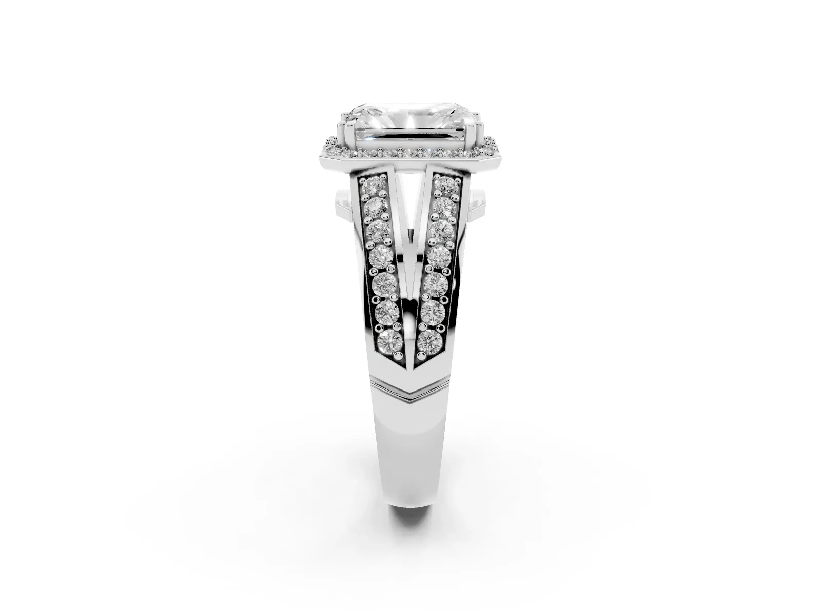 Radiant Cut Diamond Halo Ring with Split Shank Pavé Band and Four-Prong Setting White gold