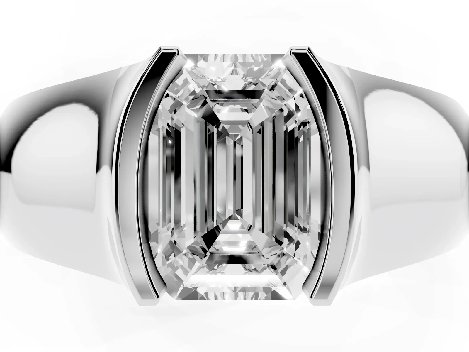Emerald Cut Solitaire Bezel Set Diamond Ring with Wide Band Platinum