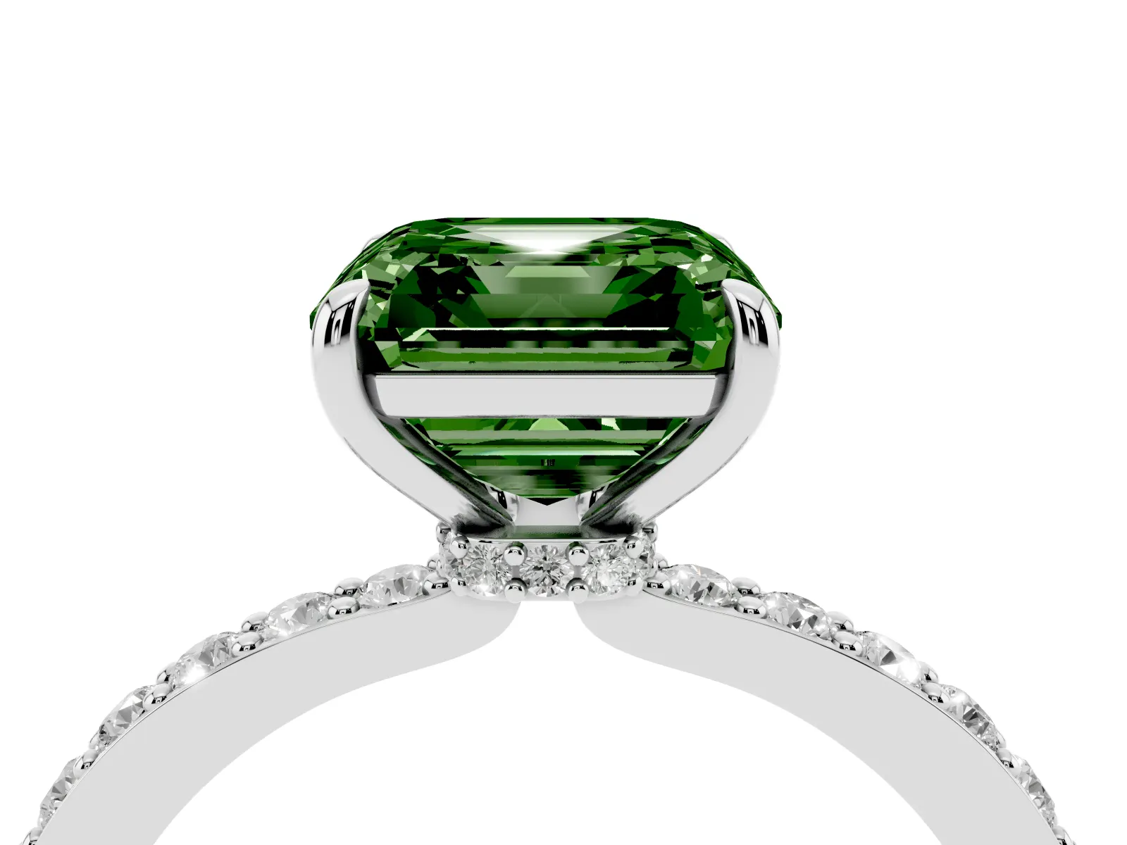 Fancy Green Asscher Cut Diamond Solitaire Engagement Ring with Pavé Band and Four-Prong Setting White gold