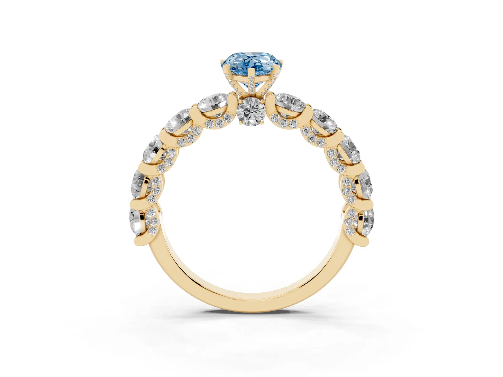 Fancy Blue Pear Cut Diamond Side Stone Engagement Ring with Four-Prong Setting Yellow gold