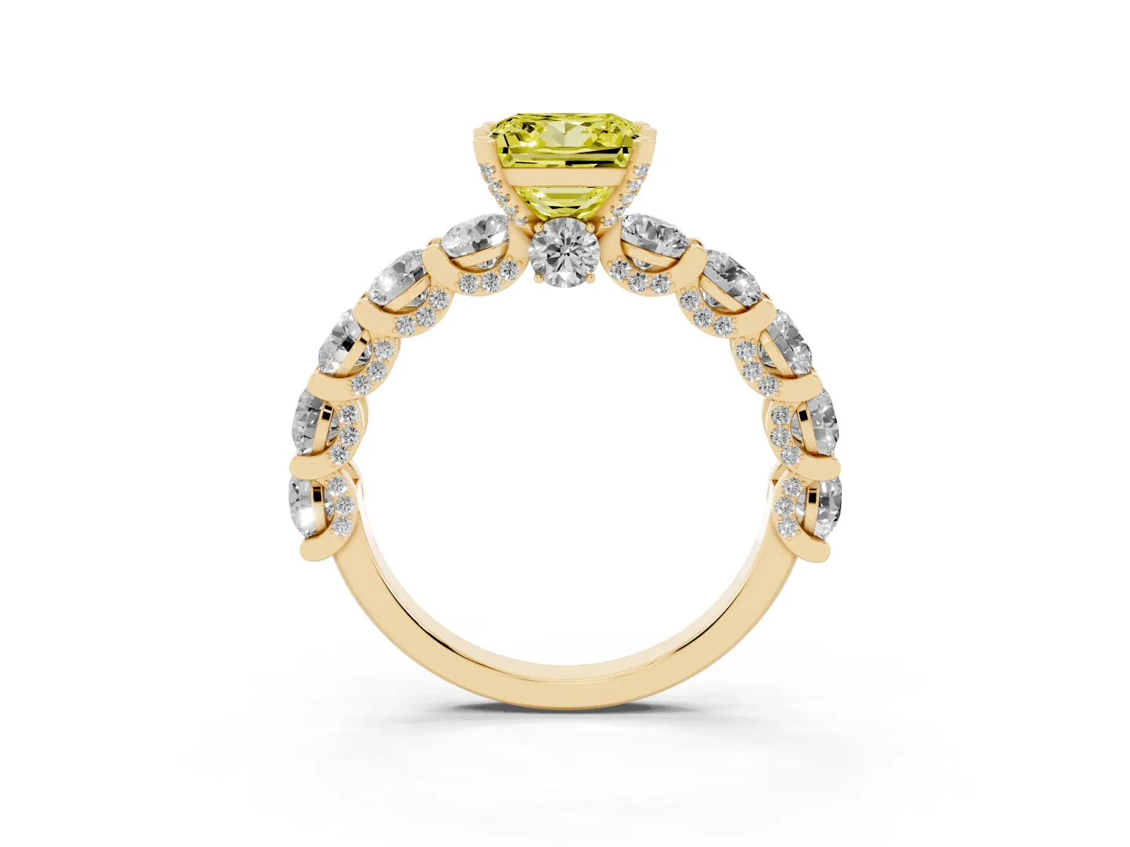 Fancy Yellow Princess Cut Diamond Side Stone Engagement Ring with Four-Prong Setting Yellow gold