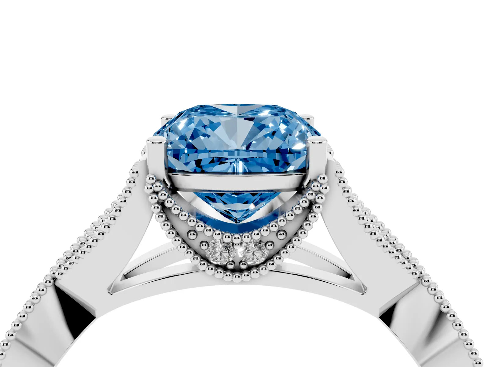 Fancy Blue Cushion Cut Cut Diamond Twisted Band with Milgrain Pave Setting and Four-Prong Setting Platinum