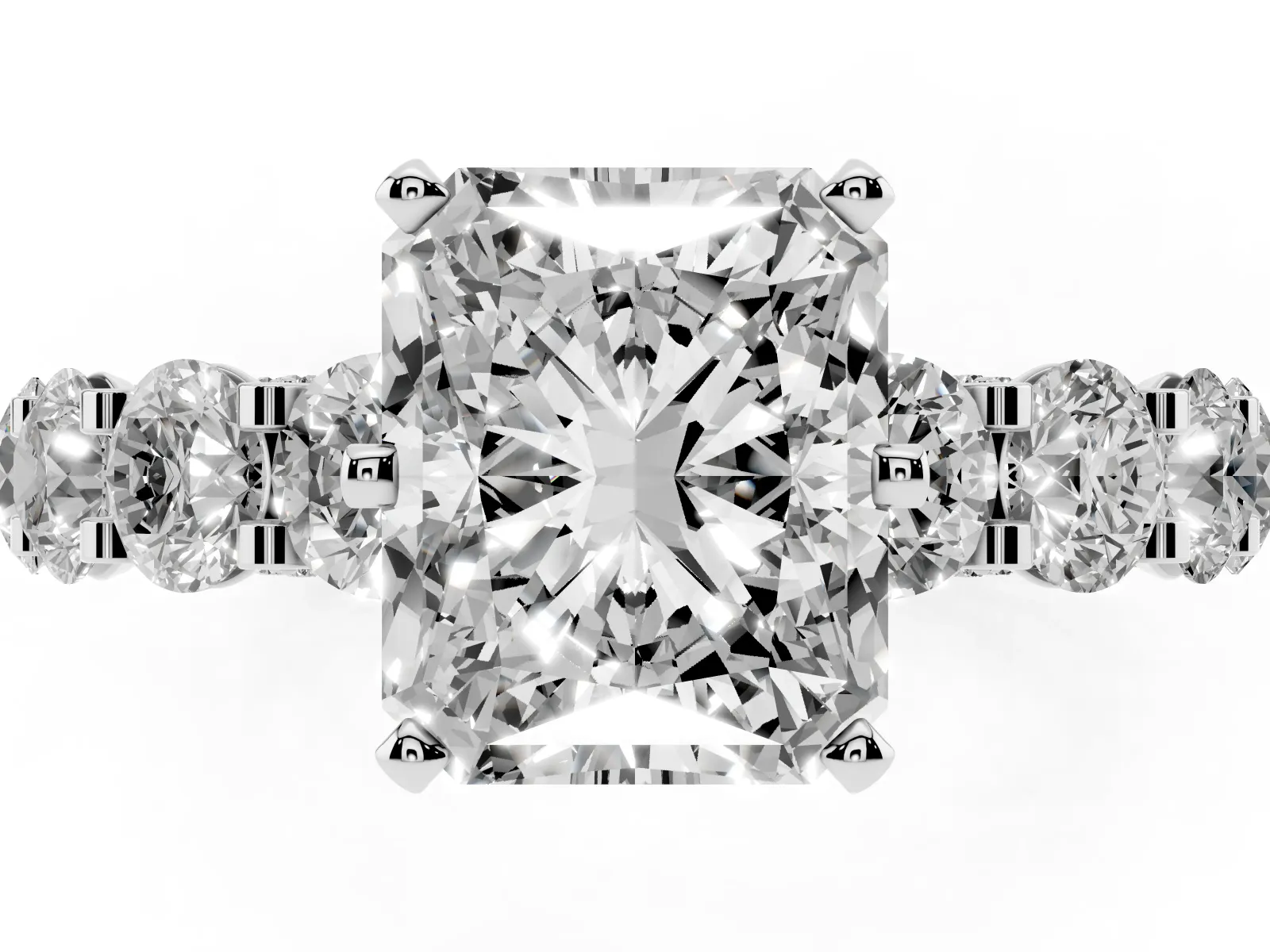 Radiant Cut Diamond Side Stone Engagement Ring with Four-Prong Setting Silver