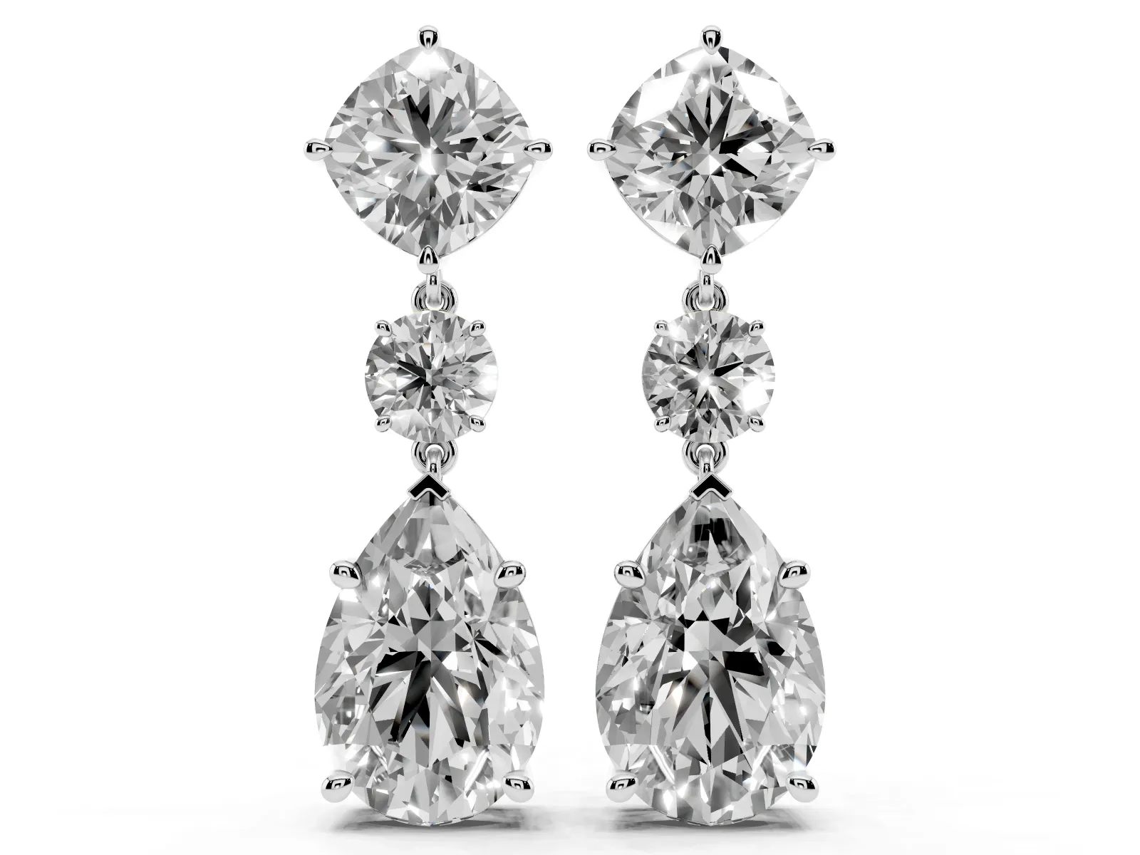 Cushion, Round and Pear Diamond Three-Stone Drop Earrings Silver