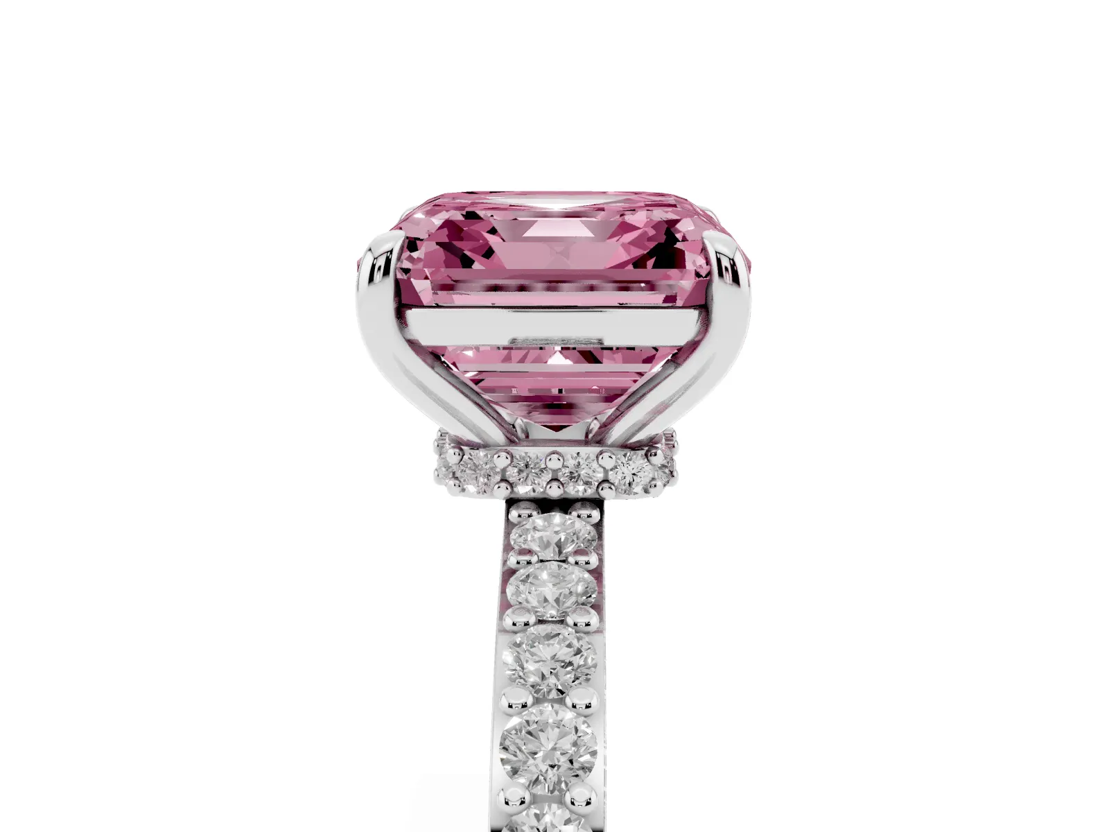Fancy Pink Asscher Cut Diamond Solitaire Engagement Ring with Pavé Band and Four-Prong Setting White gold