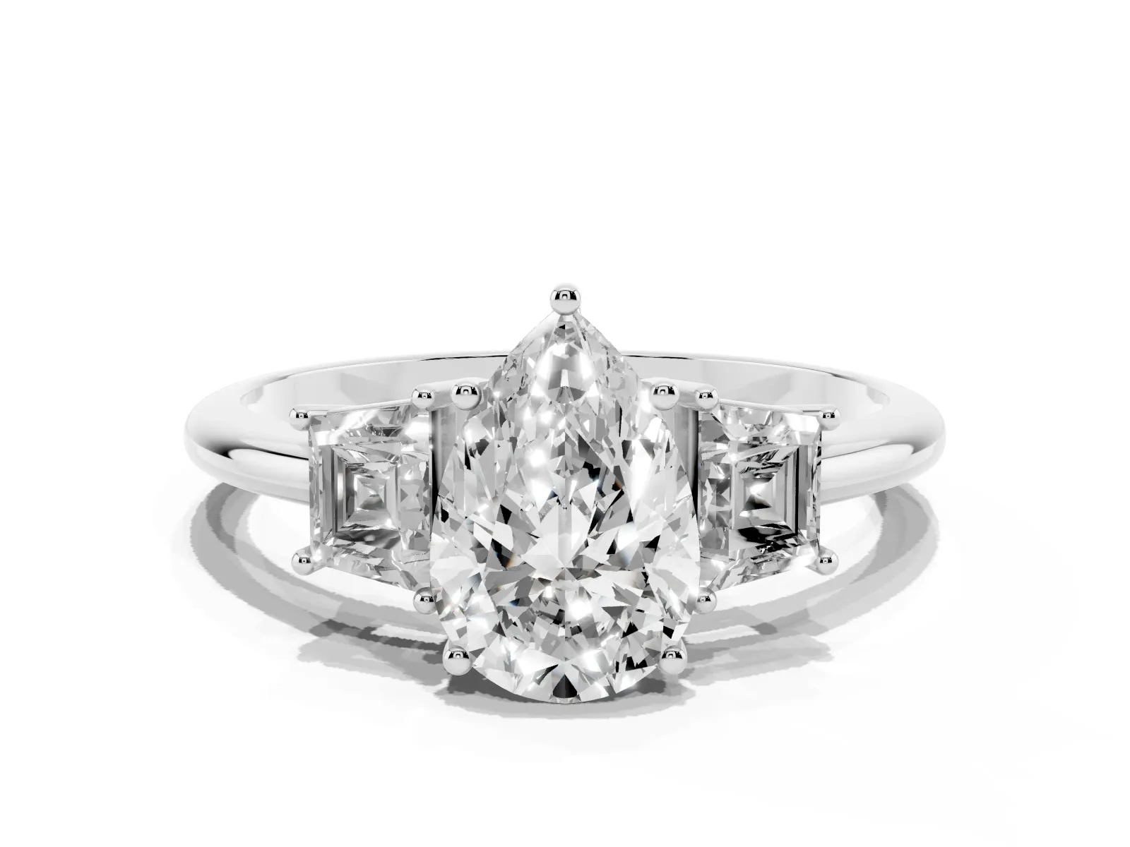 Pear Cut Diamond Three-Stone Ring with Trapezoid Side Stones and Prong Setting Platinum