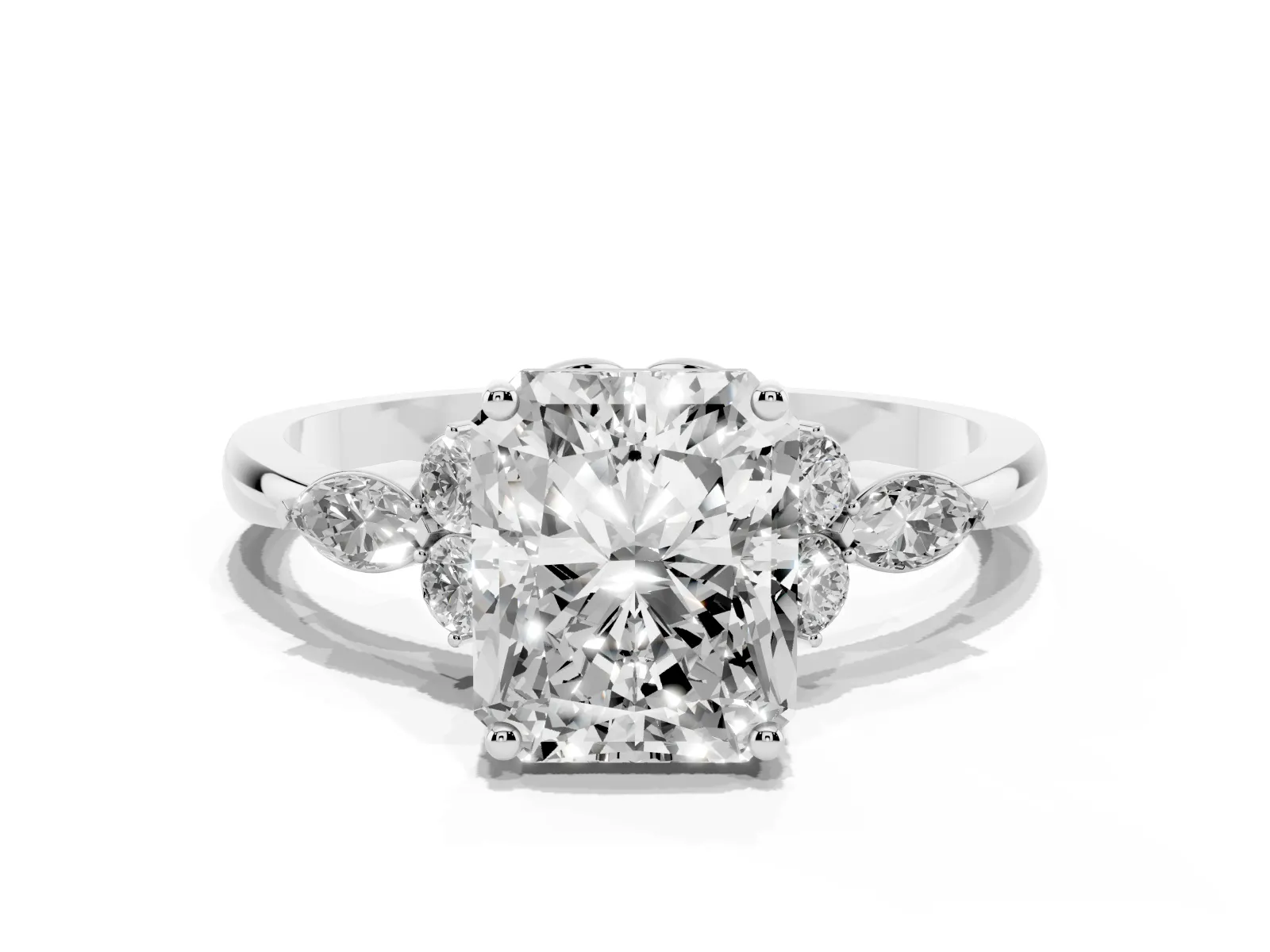 Radiant Cut Brilliant Diamond Solitaire Ring with Pear Side Stones and Four-Prong Setting White gold
