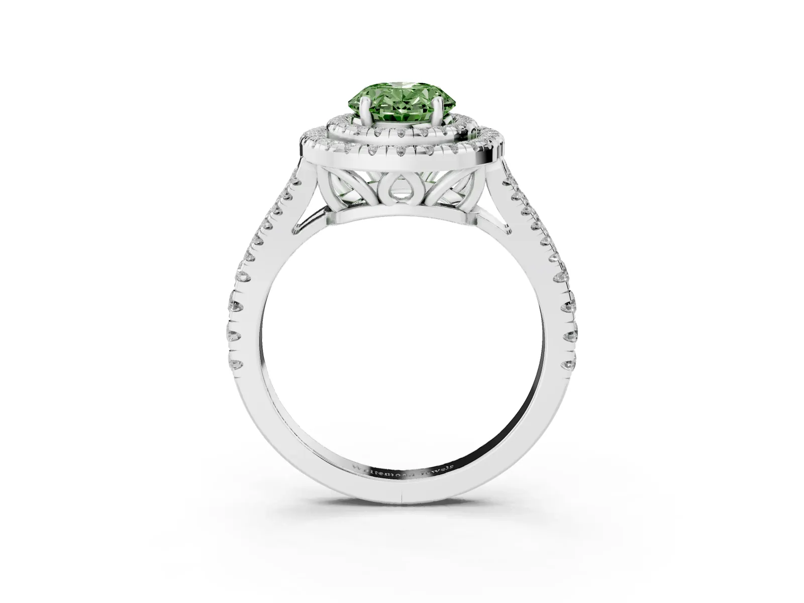 Fancy Green Oval Cut Diamond Double Halo Ring with Pavé Band and Prong Setting Platinum