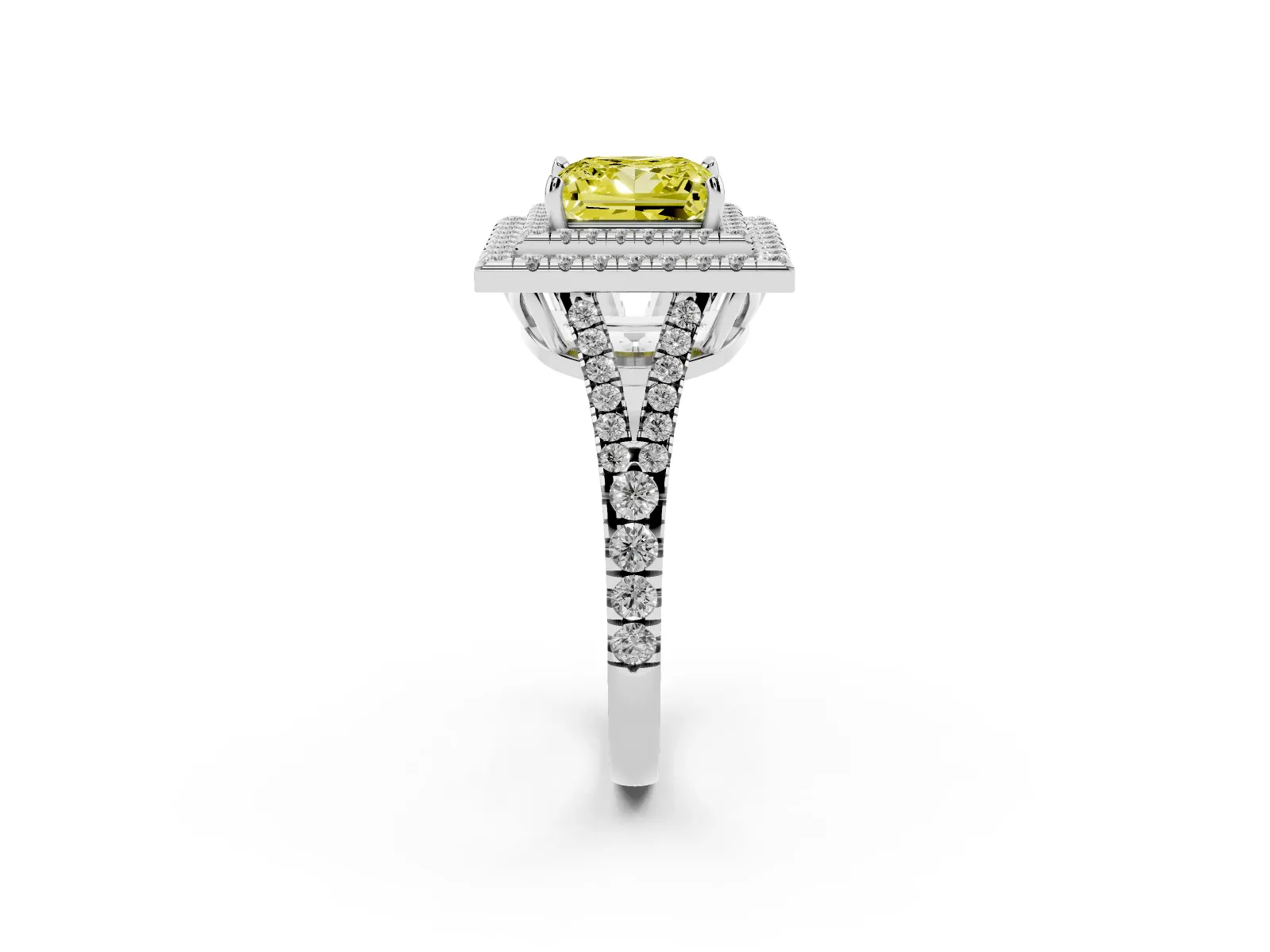 Fancy Yellow Princess Cut Diamond Double Halo Ring with Pavé Band and Prong Setting Platinum