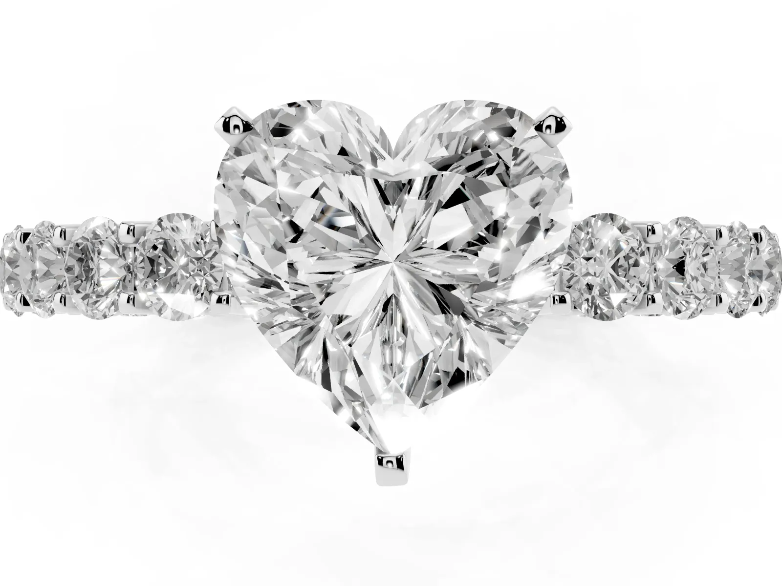 Heart Cut Diamond Solitaire Ring with Shared Prong Pavé Band and Four-Prong Setting White gold