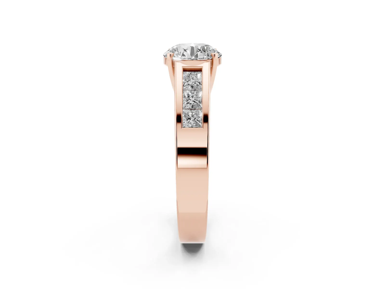 Round Cut Cut Channel Set Solitaire Ring with Four-Prong Setting Rose gold