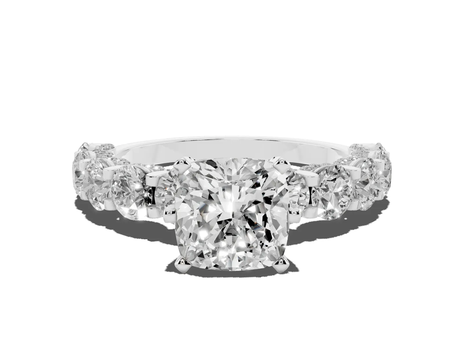 Cushion Cut Diamond Side Stone Engagement Ring with Four-Prong Setting White gold