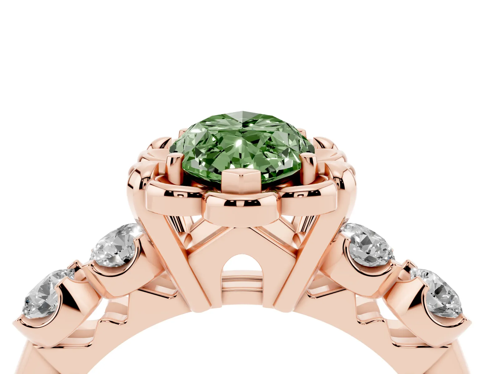 Fancy Green Marquise Cut Cut Diamond Floral Halo Engagement Ring with Shared Prong Setting Rose gold