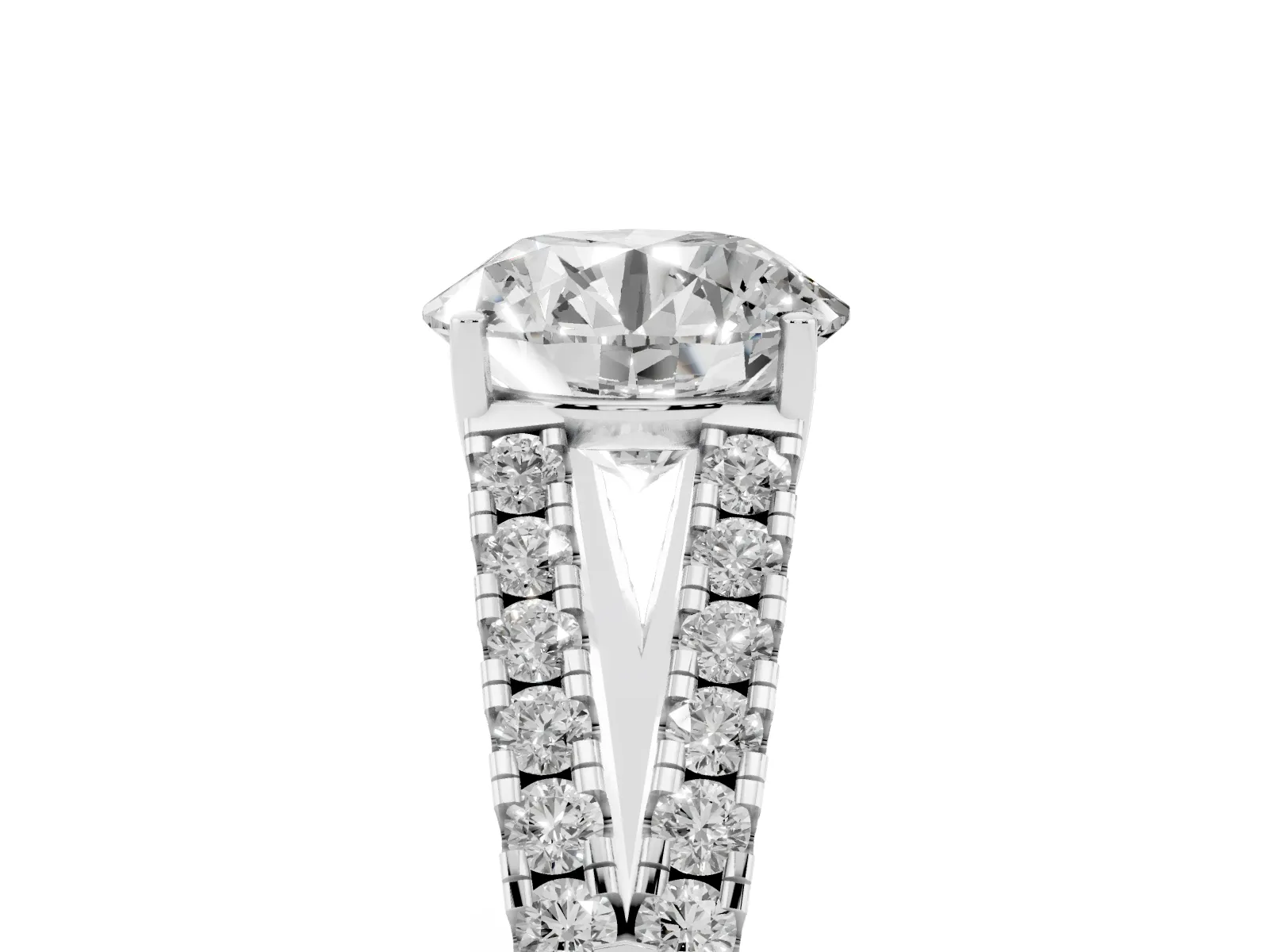 Round Cut Diamond Split Shank Engagement Ring with Round Pavé and Prong Setting White gold