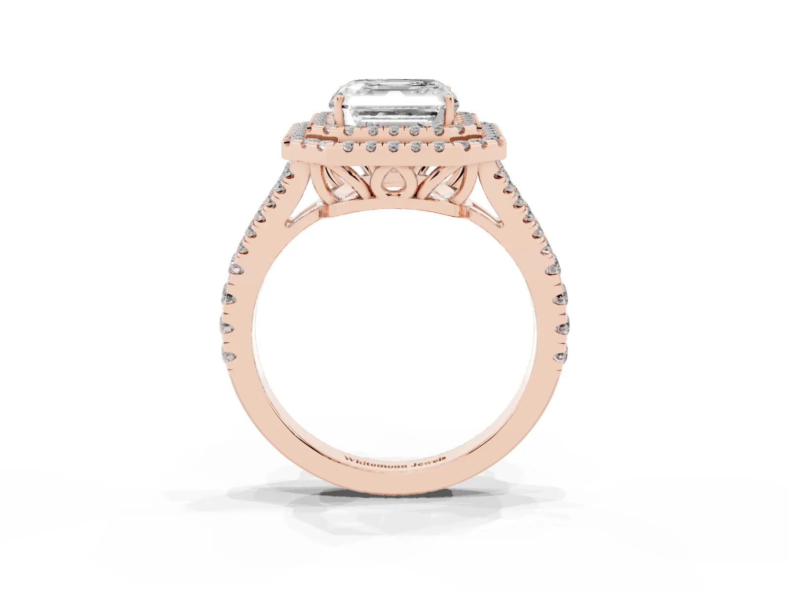 Asscher Cut Diamond Double Halo Ring with Pavé Band and Prong Setting Rose gold