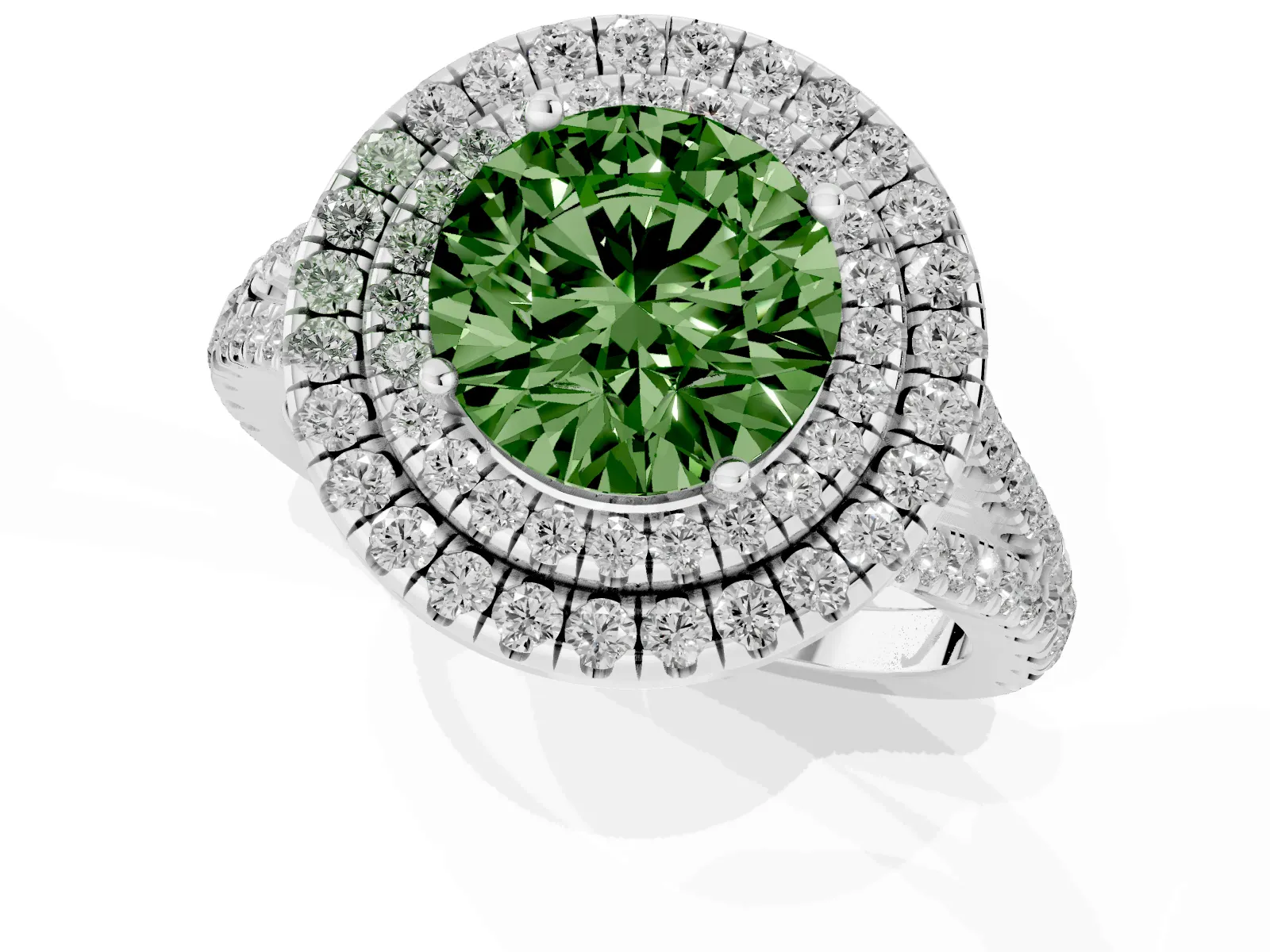 Fancy Green Round Cut Diamond Double Halo Ring with Pavé Band and Prong Setting Platinum