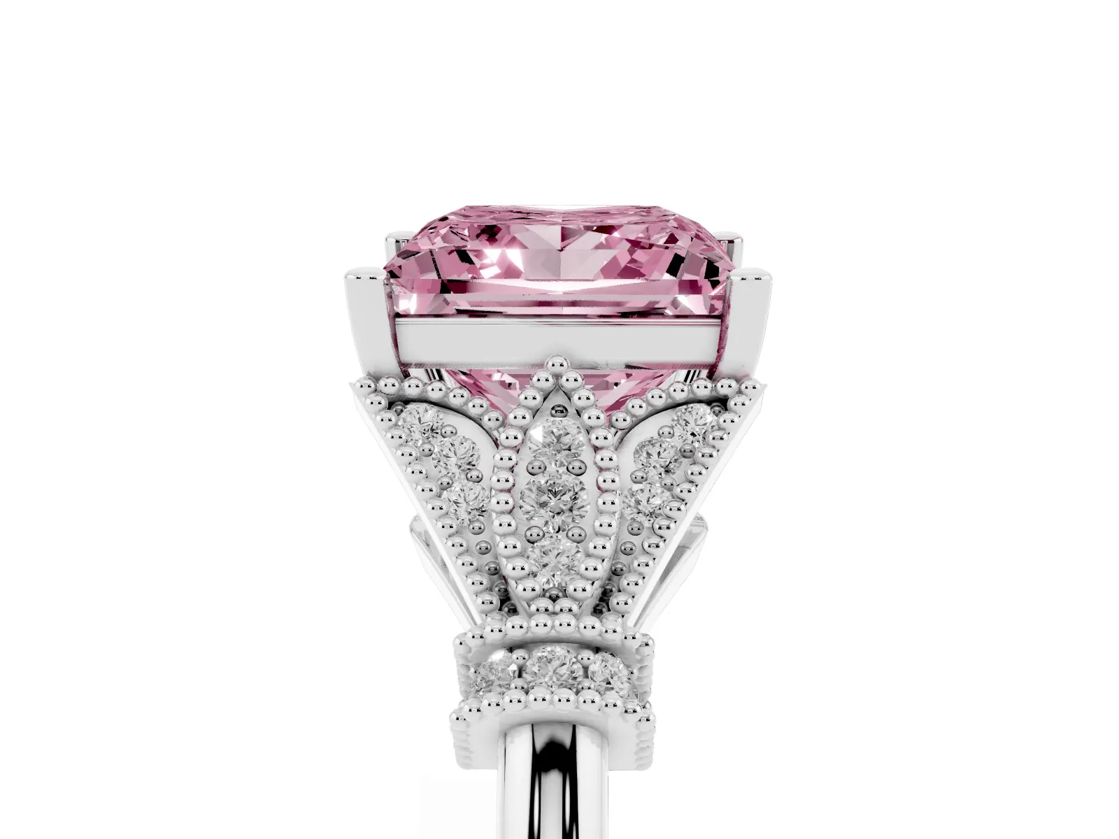 Fancy Pink Princess Cut Diamond Solitaire Ring with Floral Filigree and Pave Accents Platinum