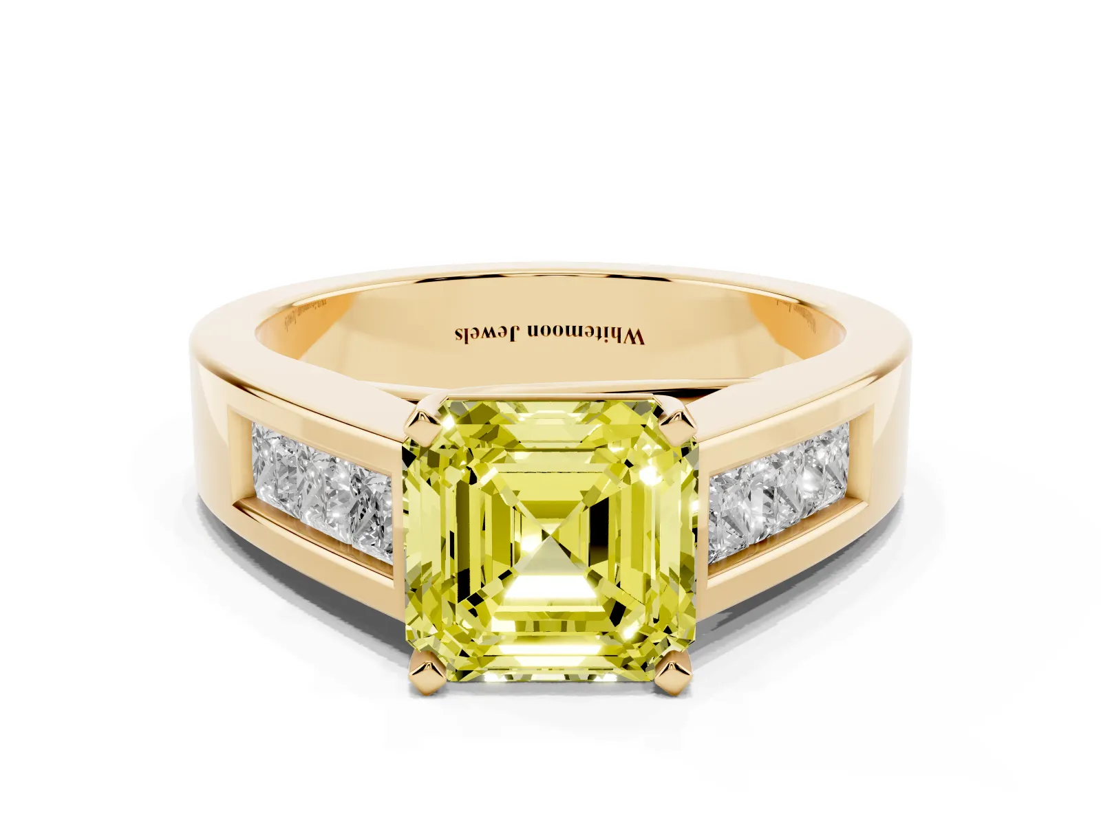 Fancy Yellow Asscher Cut Cut Channel Set Solitaire Ring with Four-Prong Setting Yellow gold