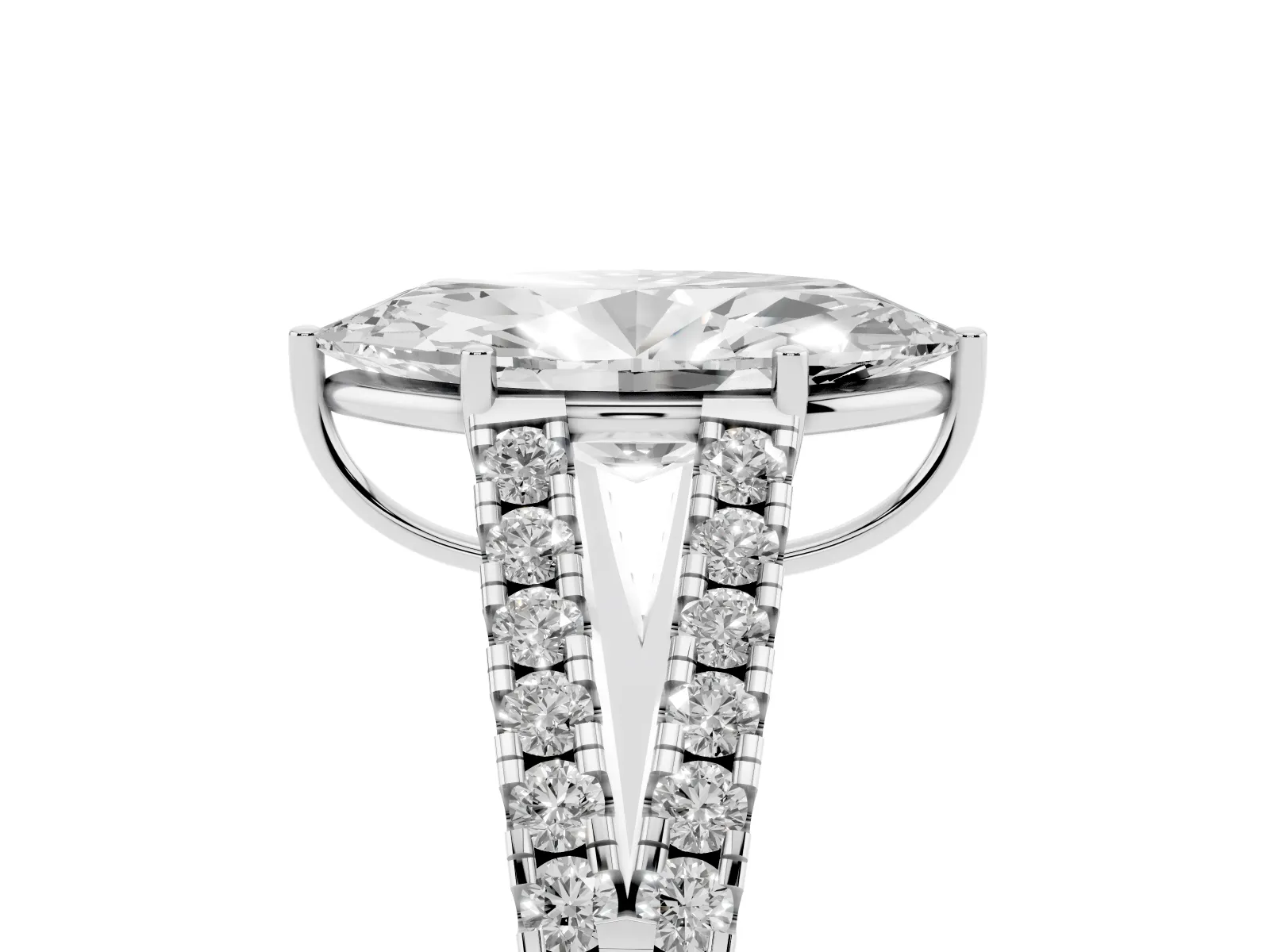 Marquise Cut Diamond Split Shank Engagement Ring with Round Pavé and Prong Setting White gold