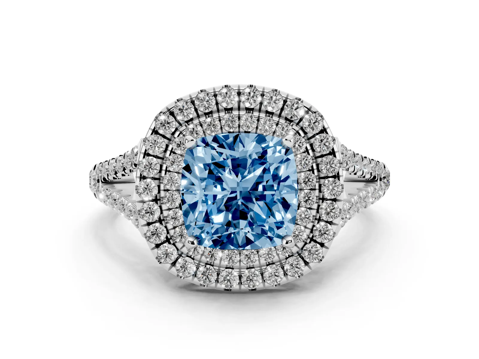 Fancy Blue Cushion Cut Diamond Double Halo Ring with Pavé Band and Prong Setting Platinum