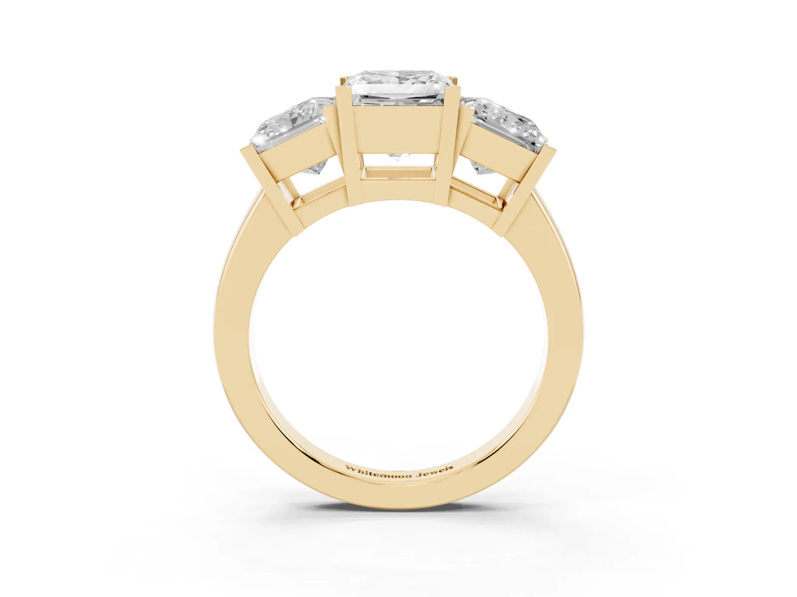 Three-Stone Princess Cut Cut Diamond Ring with Channel Set Band and Four-Prong Setting Yellow gold
