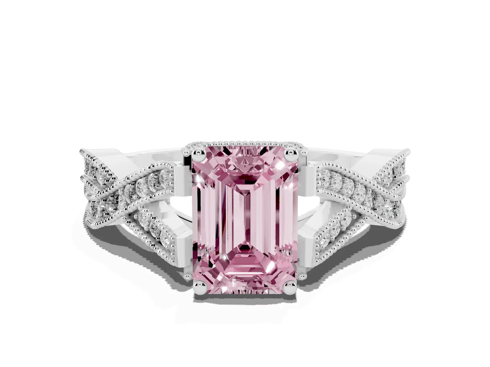 Fancy Pink Emerald Cut Cut Diamond Twisted Band with Milgrain Pave Setting and Four-Prong Setting Platinum