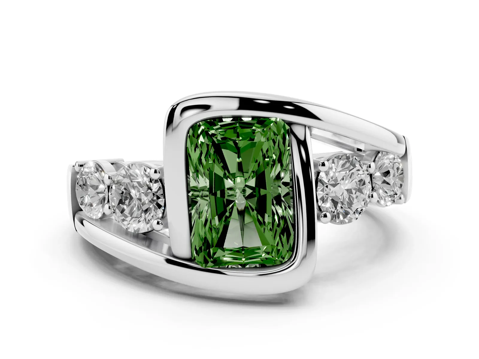 Fancy Green Bezel Set Radiant Cut Diamond Bypass Ring with Round Accents White gold