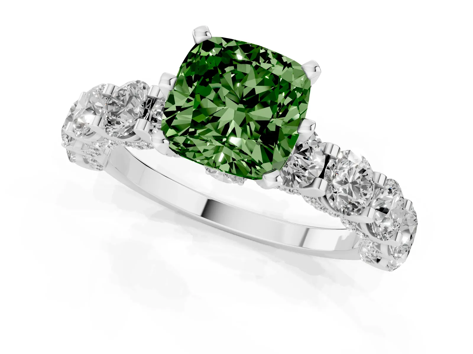 Fancy Green Cushion Cut Diamond Side Stone Engagement Ring with Four-Prong Setting White gold