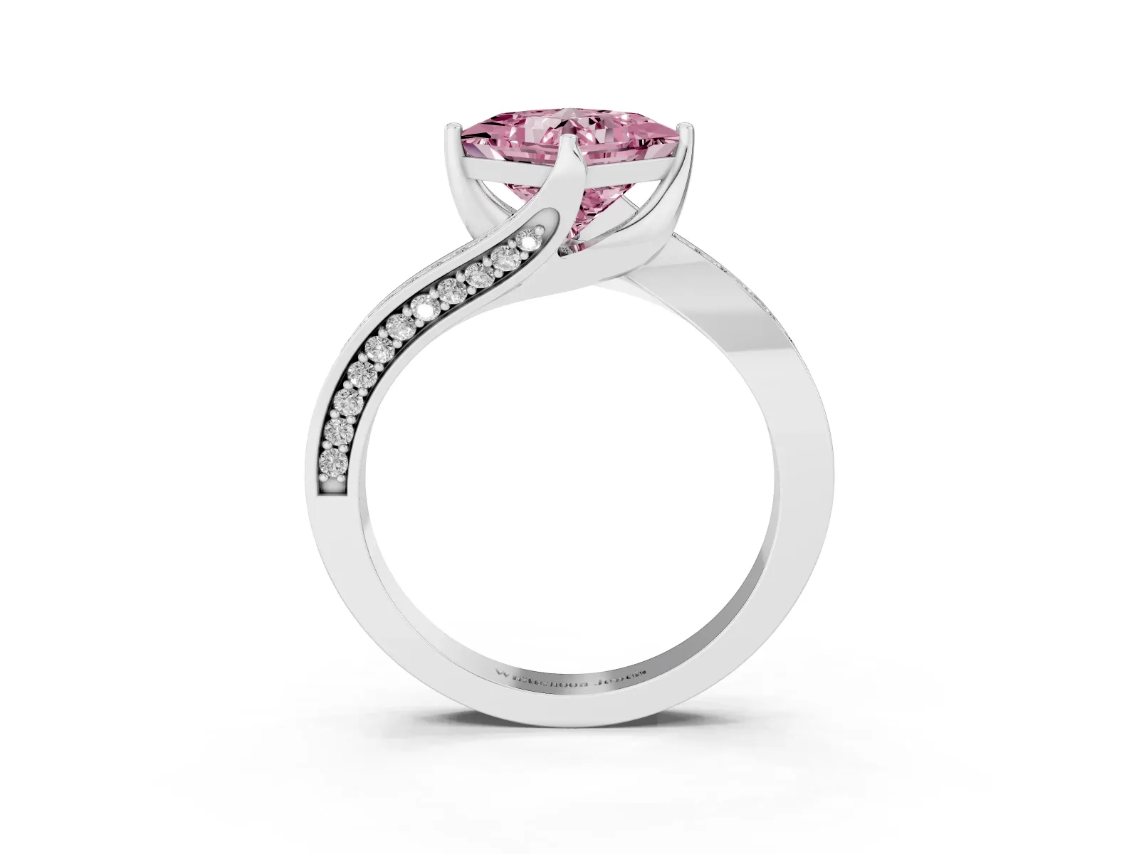 Fancy Pink Princess Cut Solitaire Diamond Twist Band with Pavé Setting and Four-Prong Setting Platinum