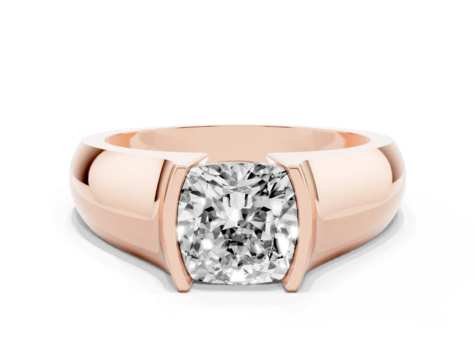 Cushion Cut Solitaire Bezel Set Diamond Ring with Wide Band Rose gold