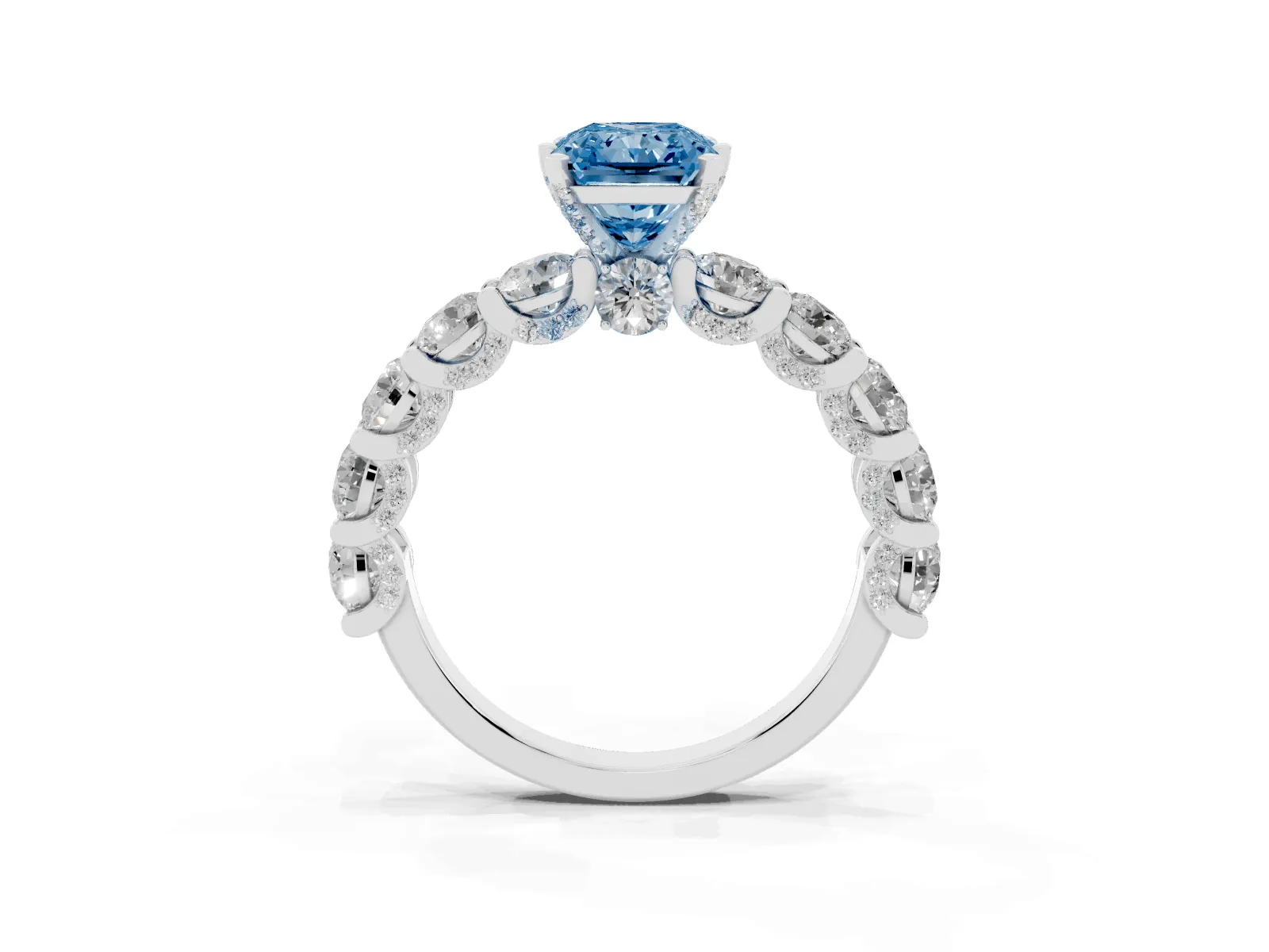 Fancy Blue Radiant Cut Diamond Side Stone Engagement Ring with Four-Prong Setting Platinum