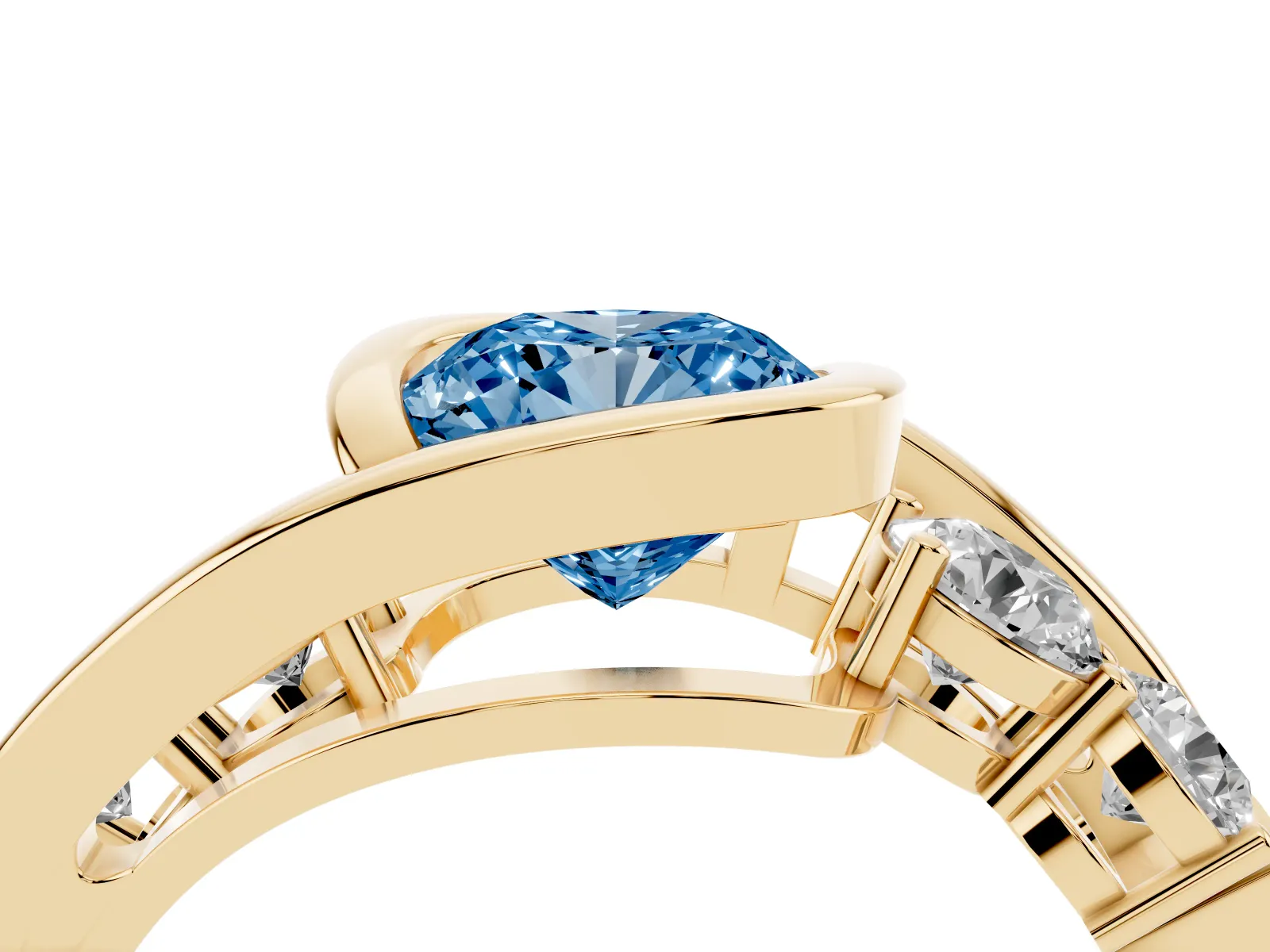 Fancy Blue Bezel Set Cushion Cut Diamond Bypass Ring with Round Accents Yellow gold