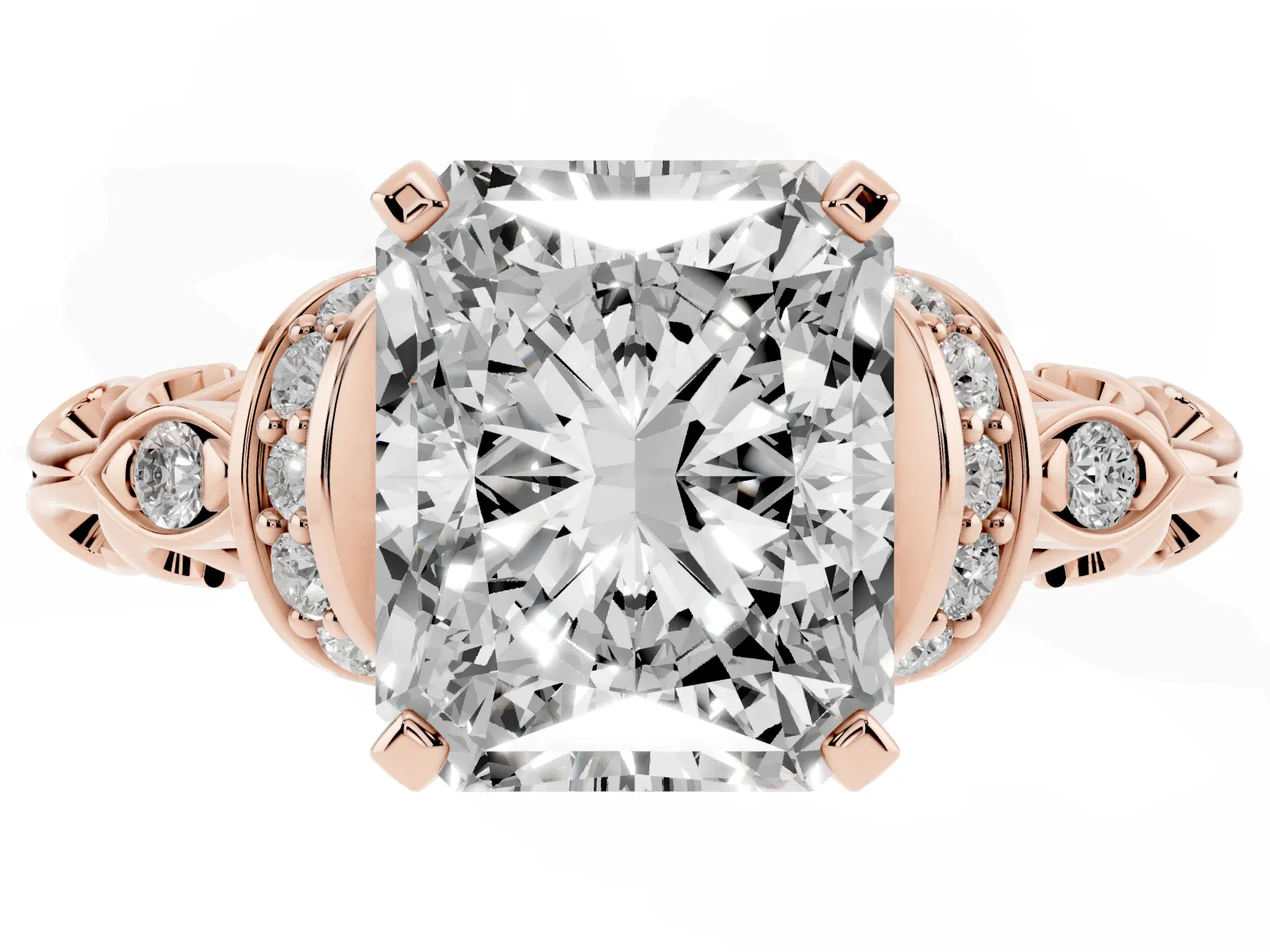 Radiant Cut Diamond Solitaire Ring with Filigree Band and Four-Prong Setting Rose gold